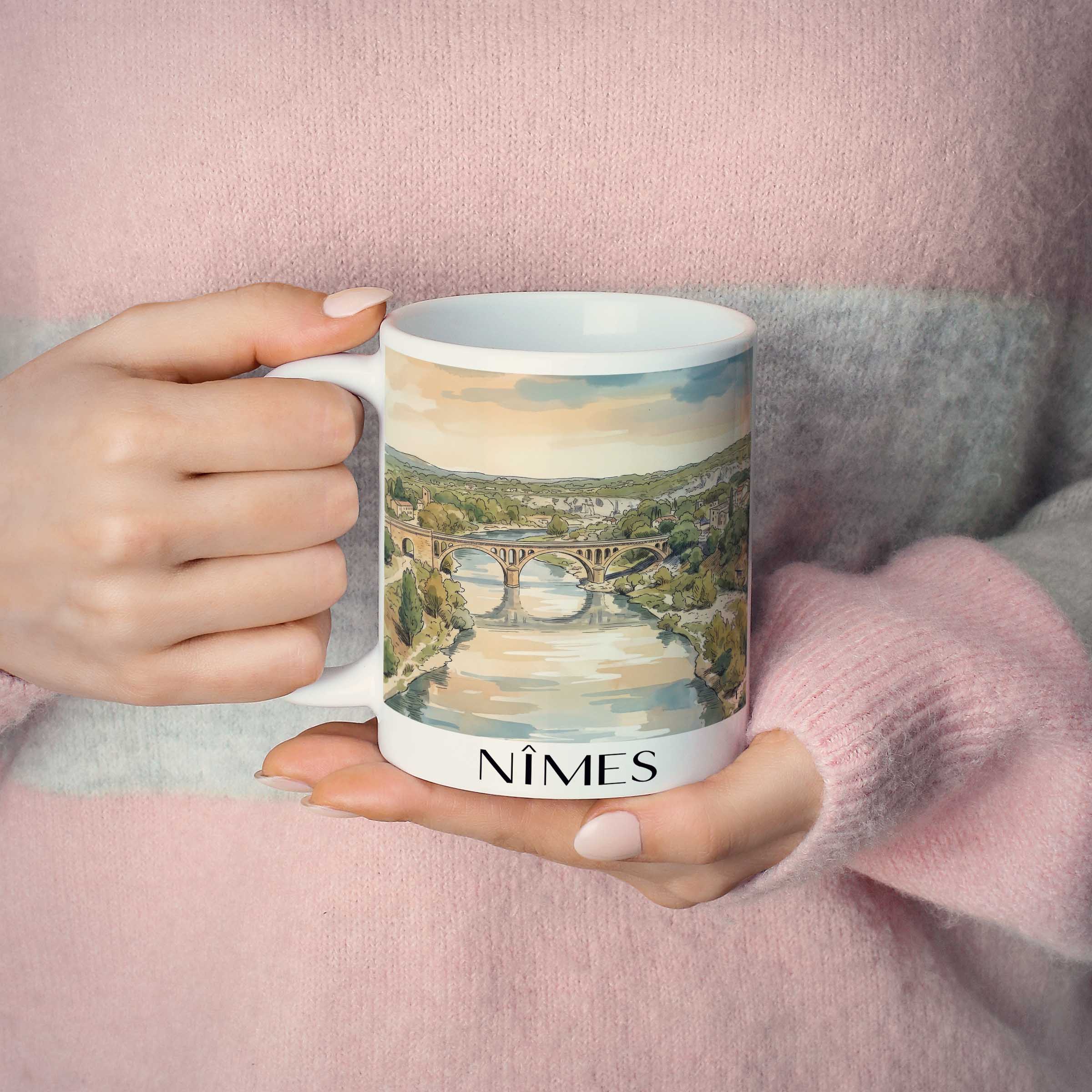 nîmes-gard-frankreich-kaffeebecher-aquarell