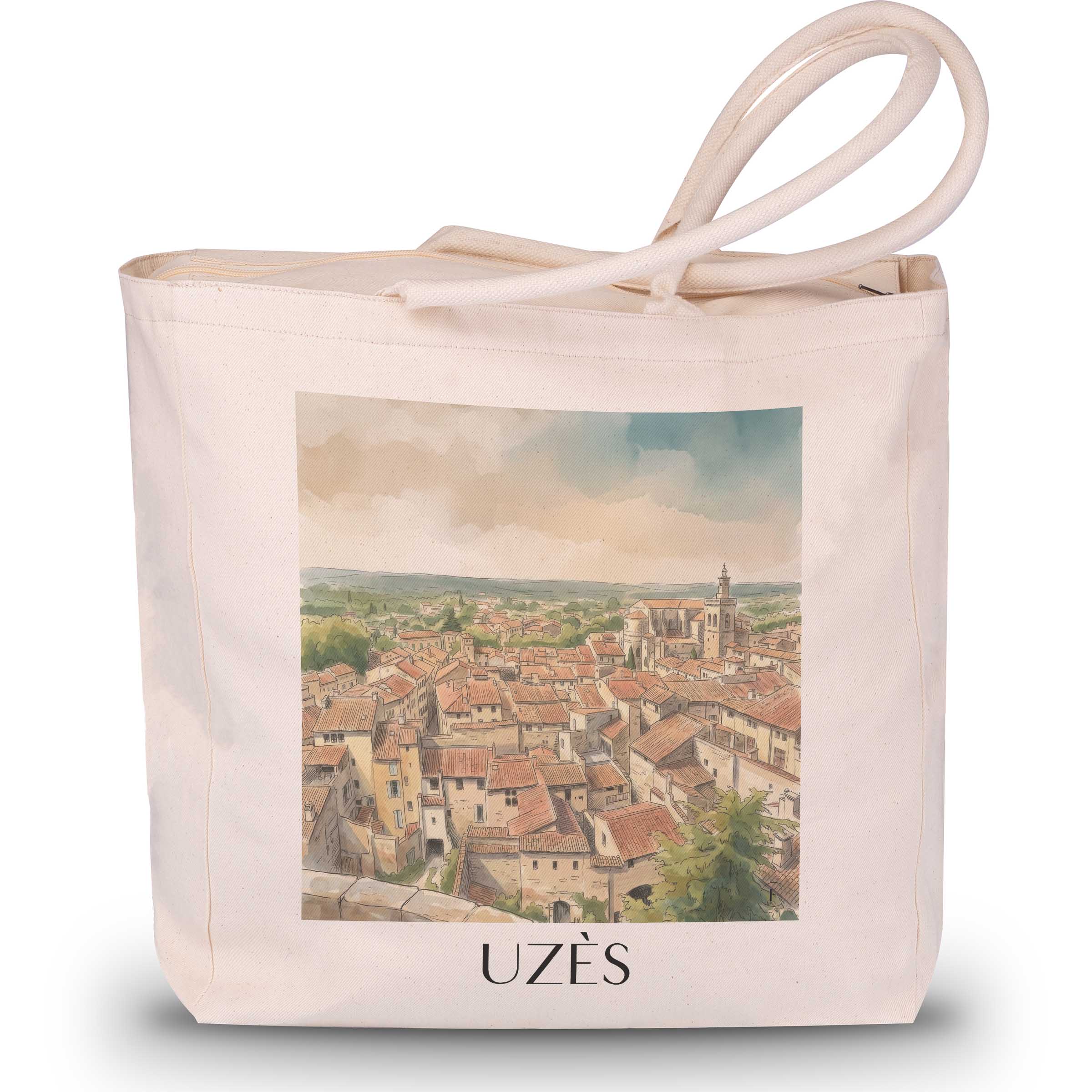 uzès-okzitanien--frankreich-einkaufstasche-aquarell