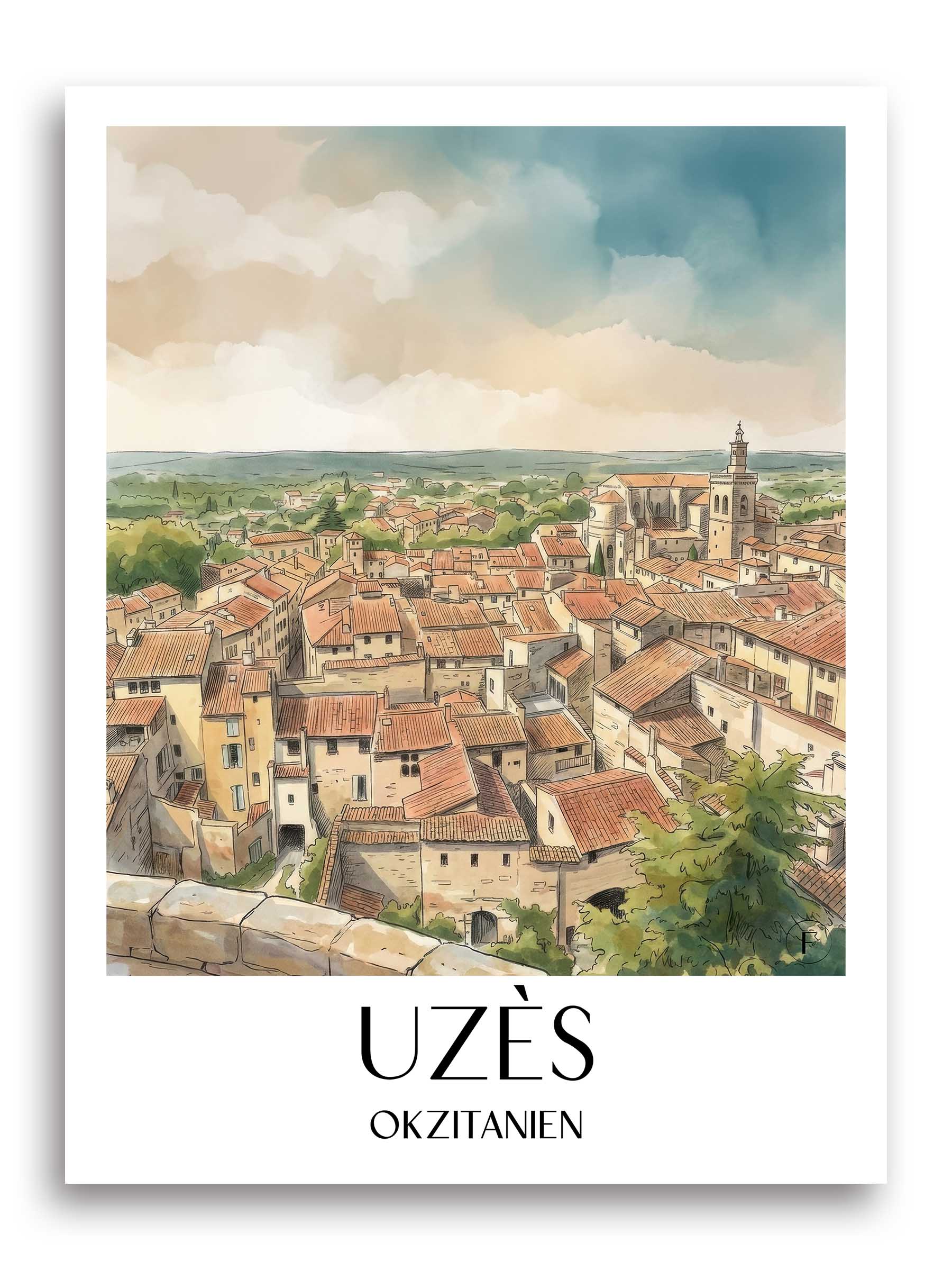 uzès-okzitanien--frankreich-poster-aquarell