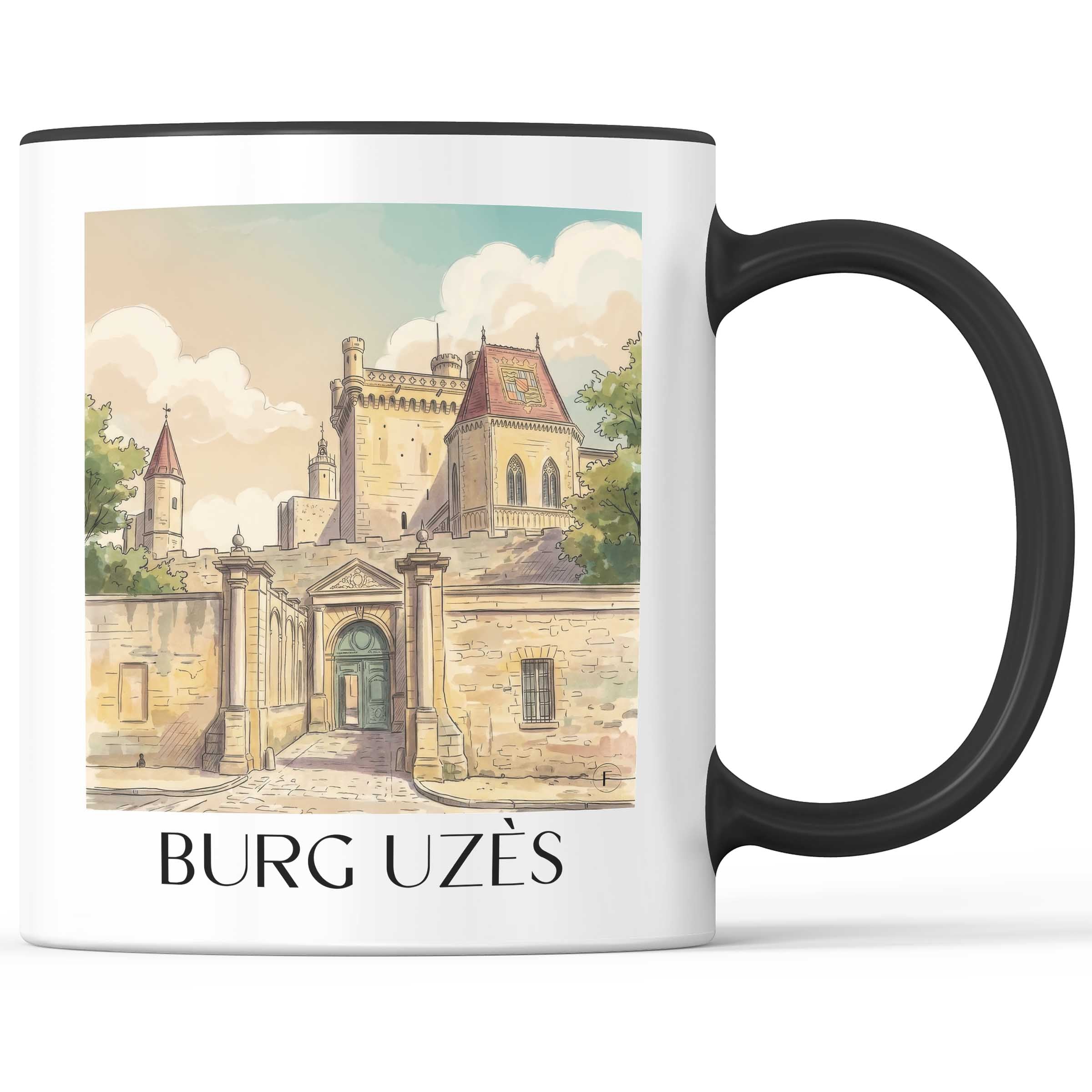 burg-uzès-okzitanien--frankreich-kaffeebecher-aquarell