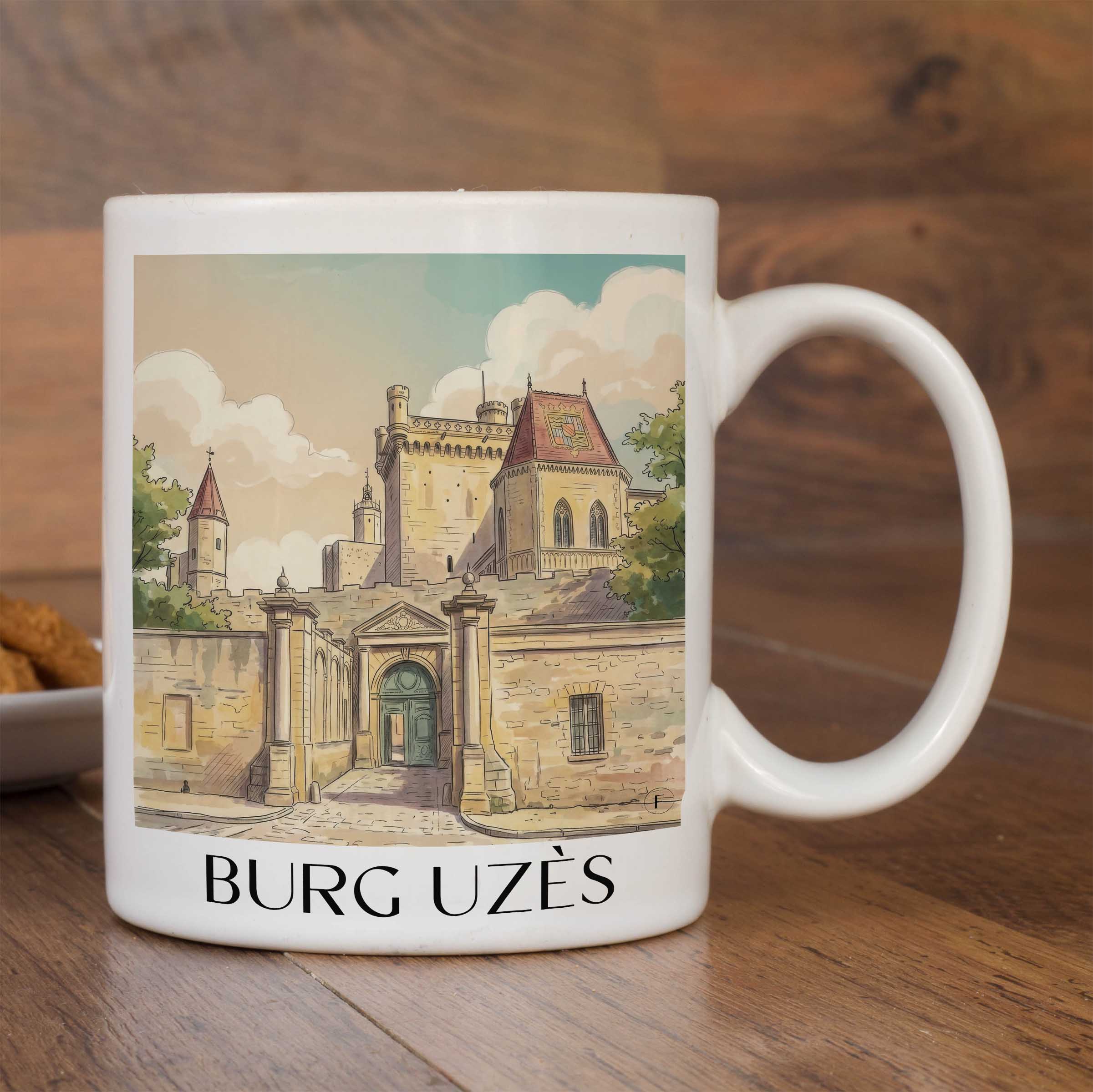 burg-uzès-okzitanien--frankreich-kaffeebecher-aquarell