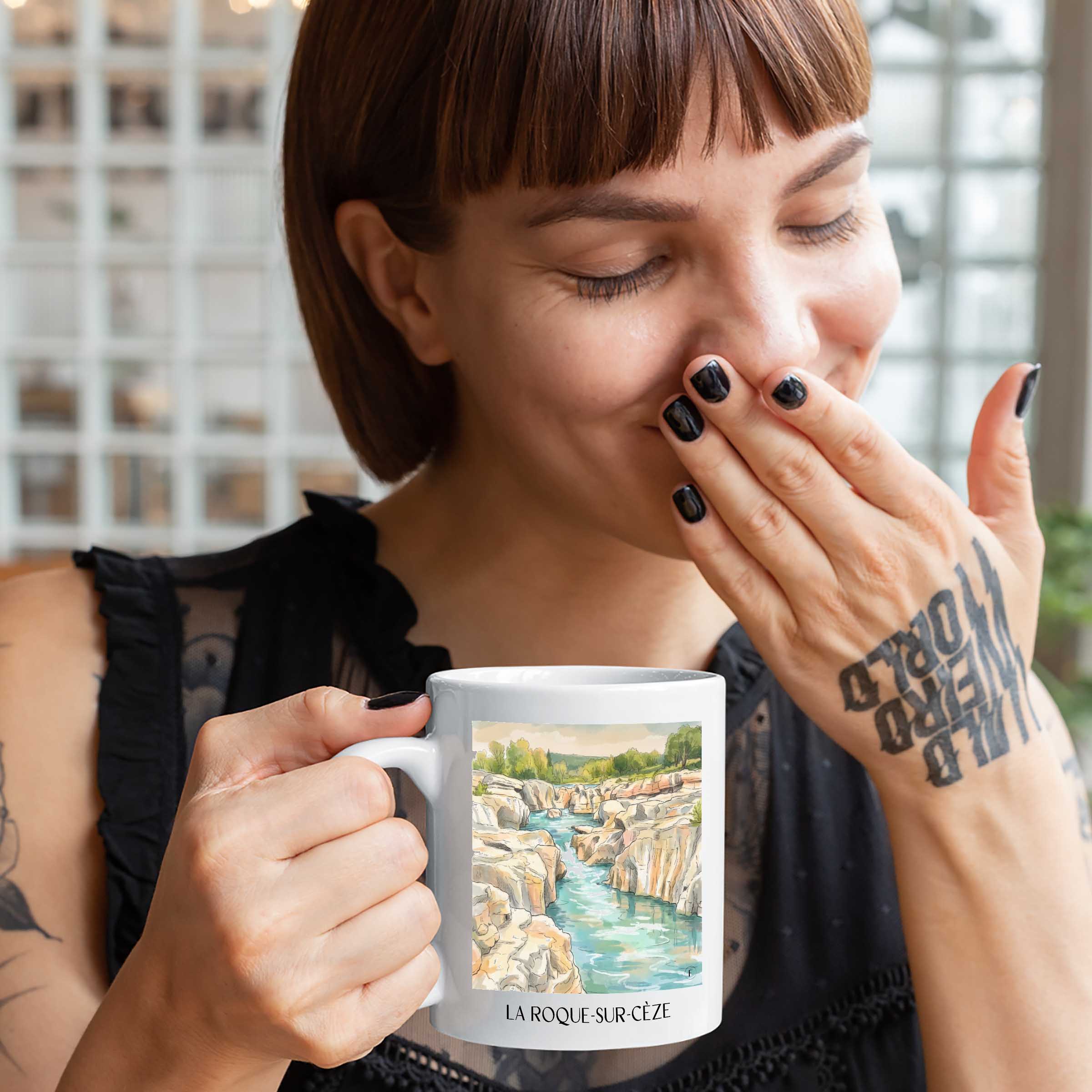 la-roque-sur-cèze-okzitanien-frankreich-kaffeebecher-aquarell