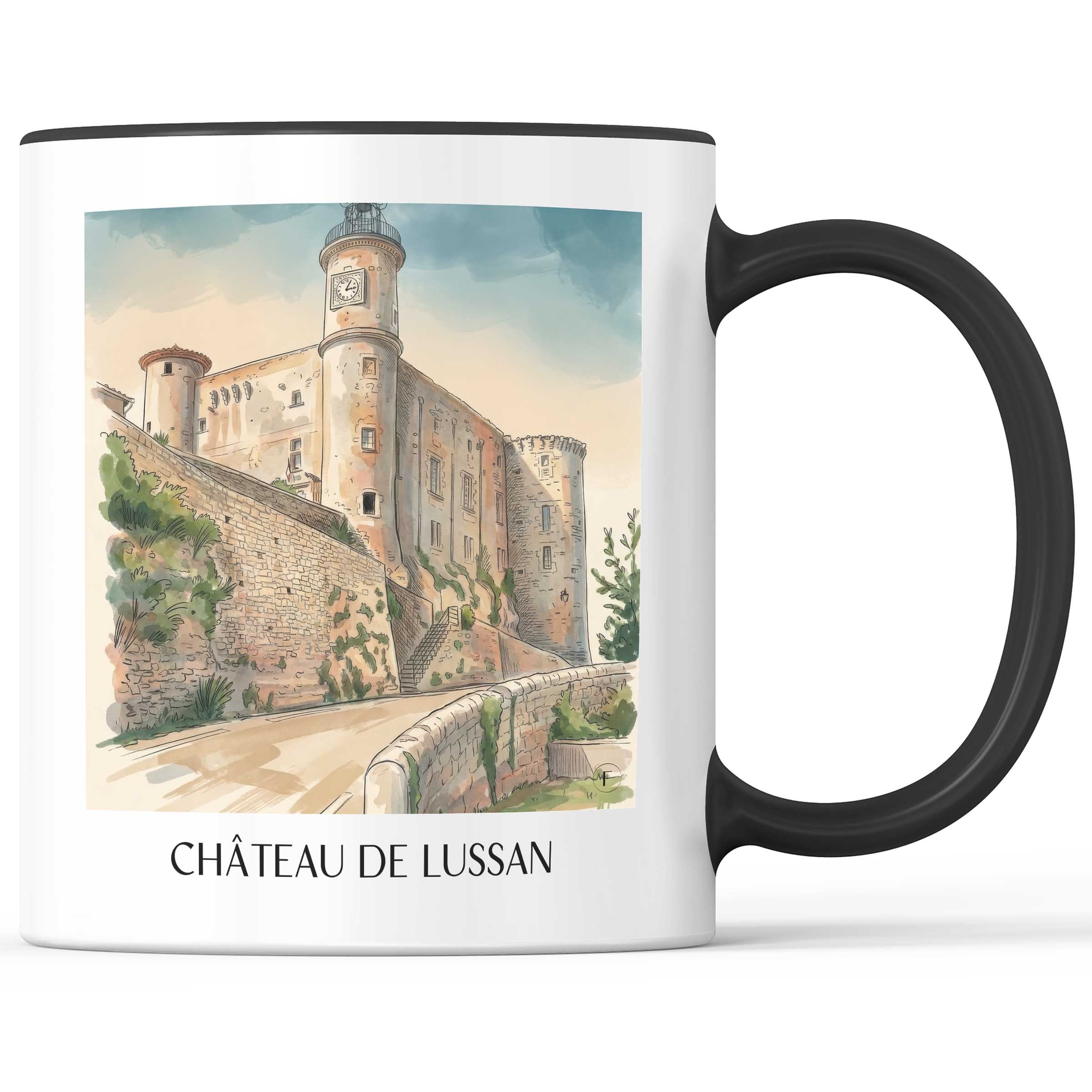 château-de-lussan-okzitanien-frankreich-kaffeebecher-aquarell
