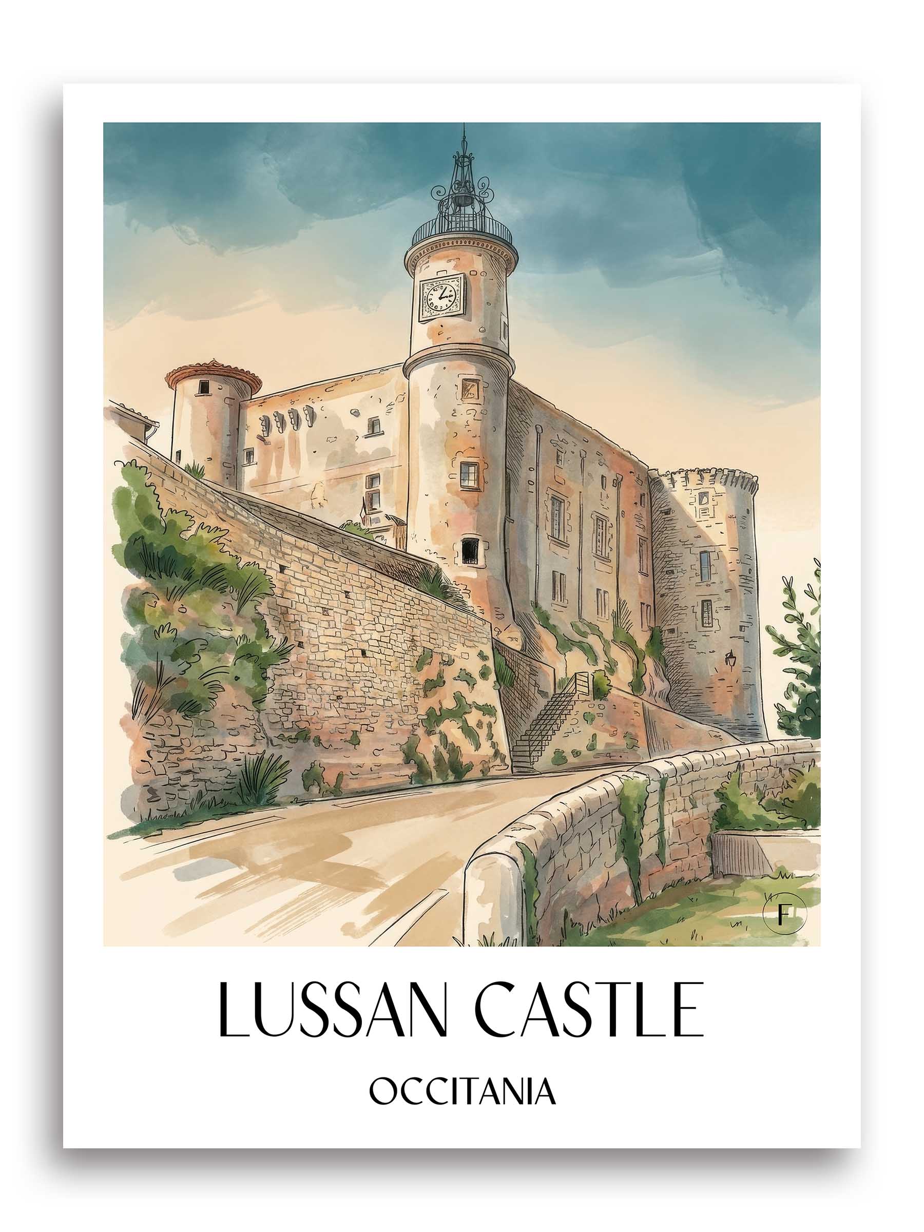 Château de Lussan Poster - Okzitanien - Frankreich Kunstdruck - Aquarell von A4 bis A1