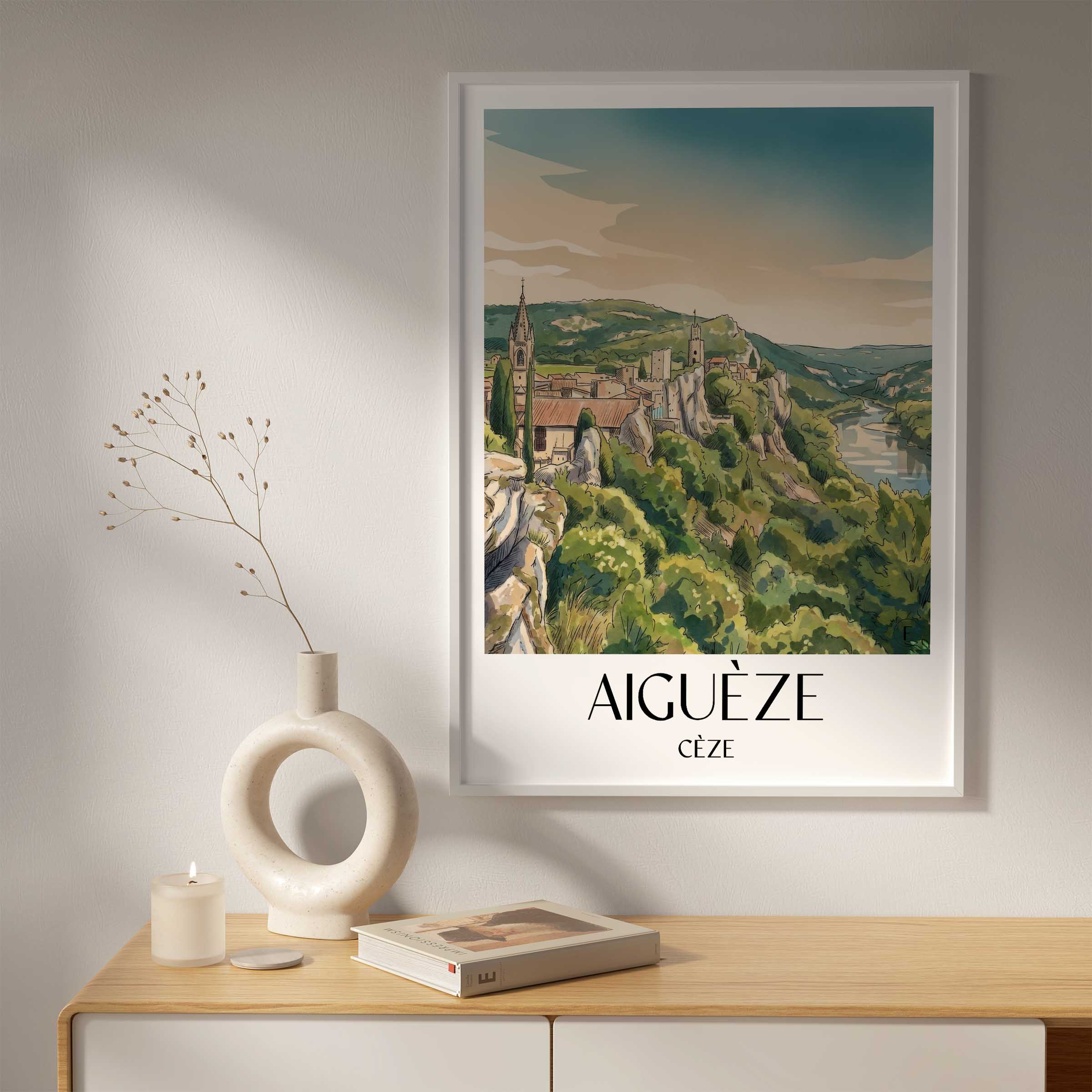 aiguèze-cèze-frankreich-poster-aquarell