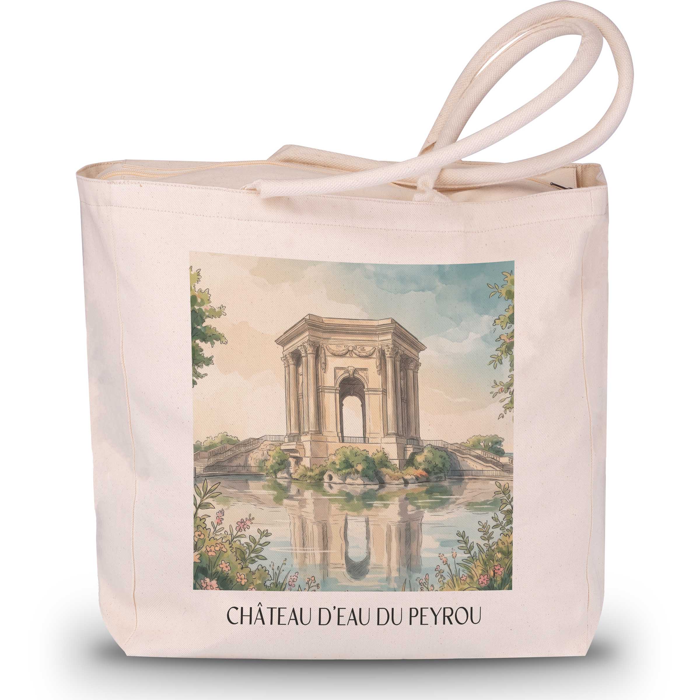 château-d'eau-du-peyrou-montpellier-frankreich-einkaufstasche-aquarell