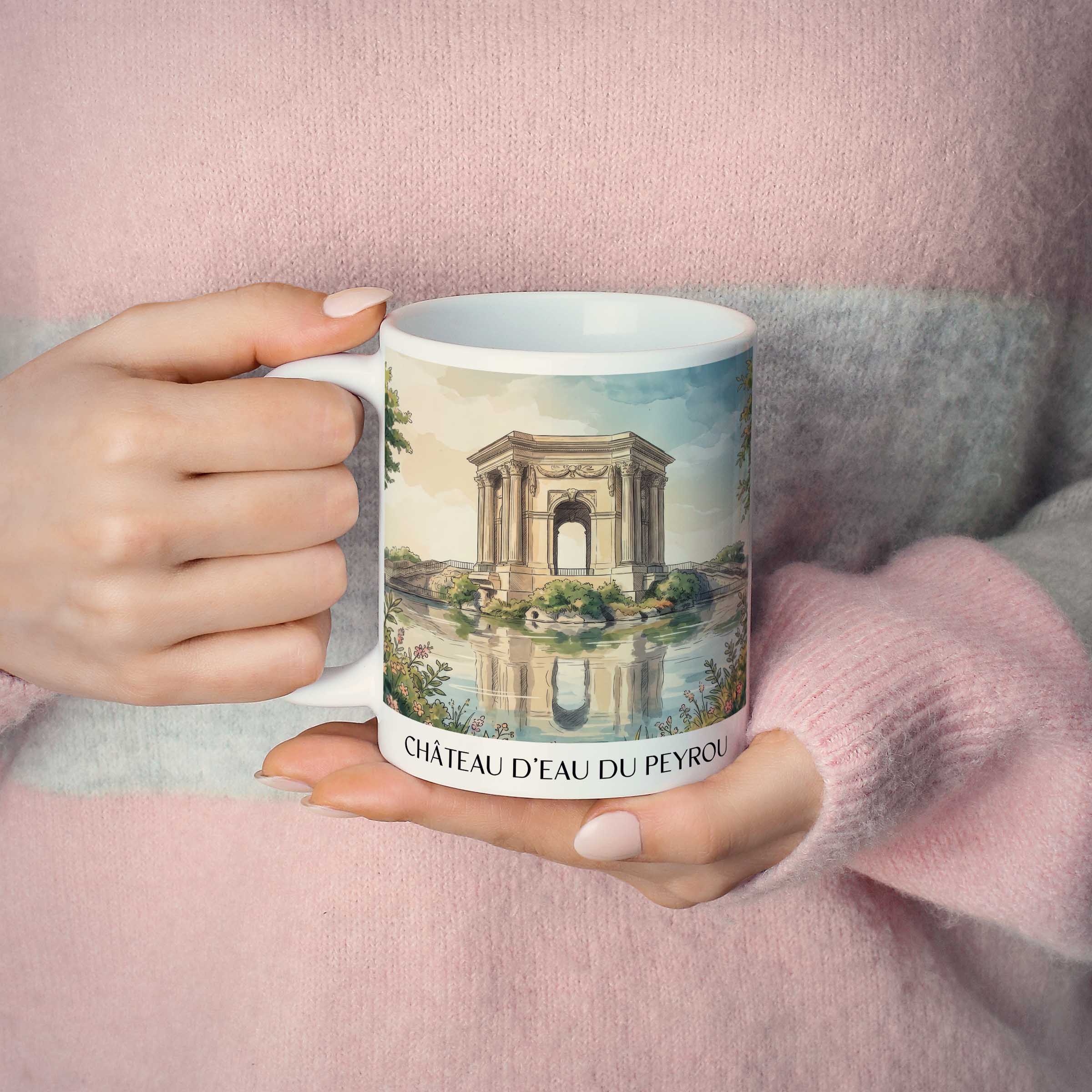 château-d'eau-du-peyrou-montpellier-frankreich-kaffeebecher-aquarell