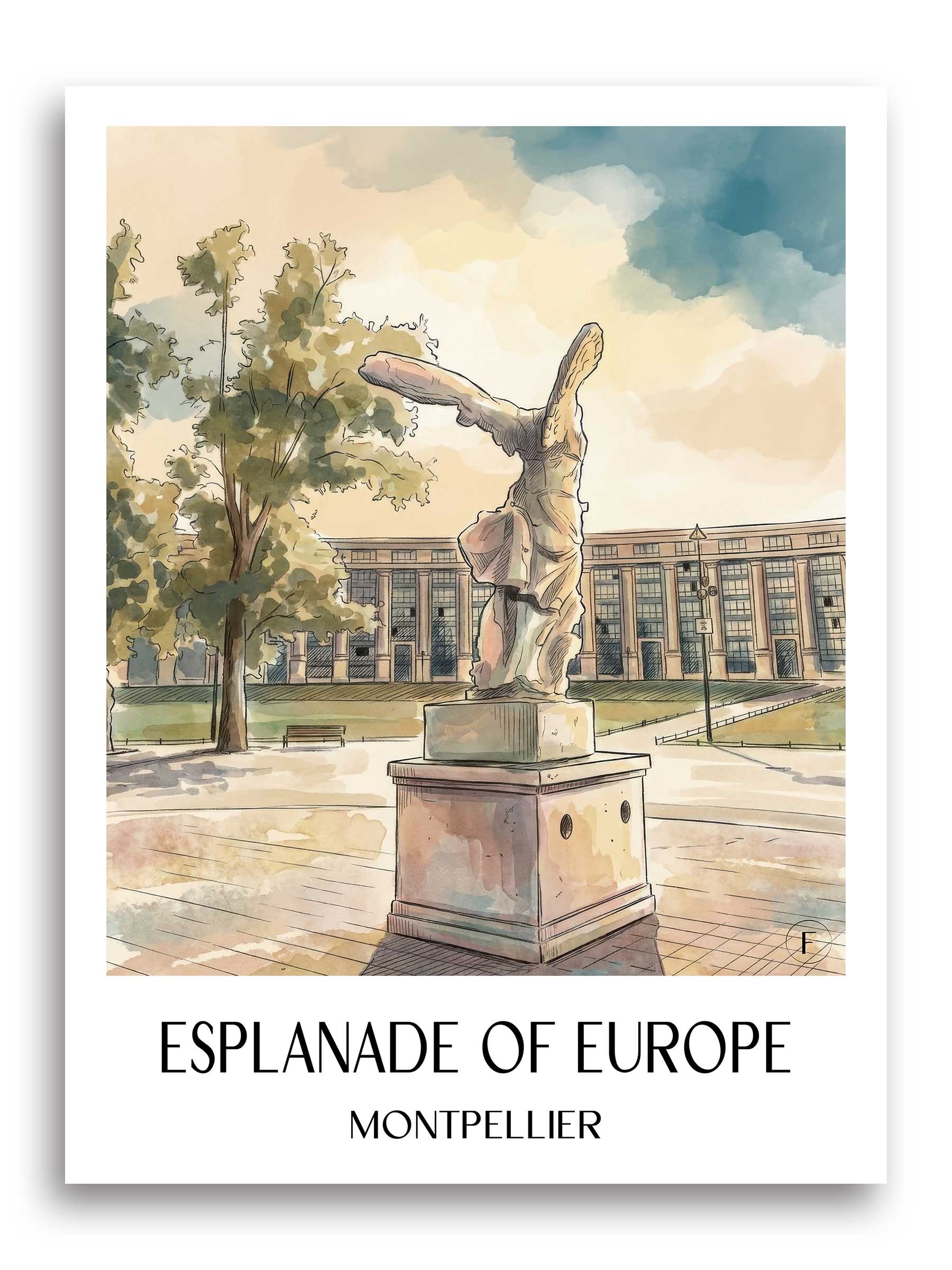 Esplanade de l'Europe Poster - Montpellier - Frankreich Kunstdruck - Aquarell von A4 bis A1