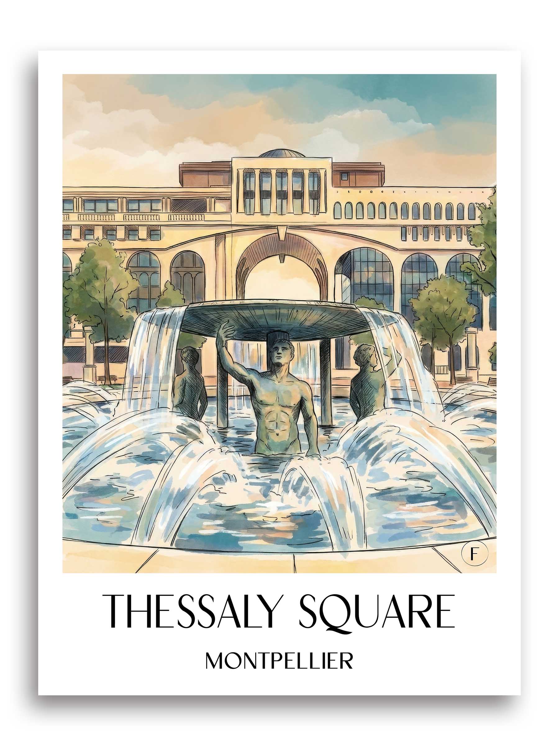Place de Thessalie Poster - Montpellier - Frankreich Kunstdruck - Aquarell von A4 bis A1