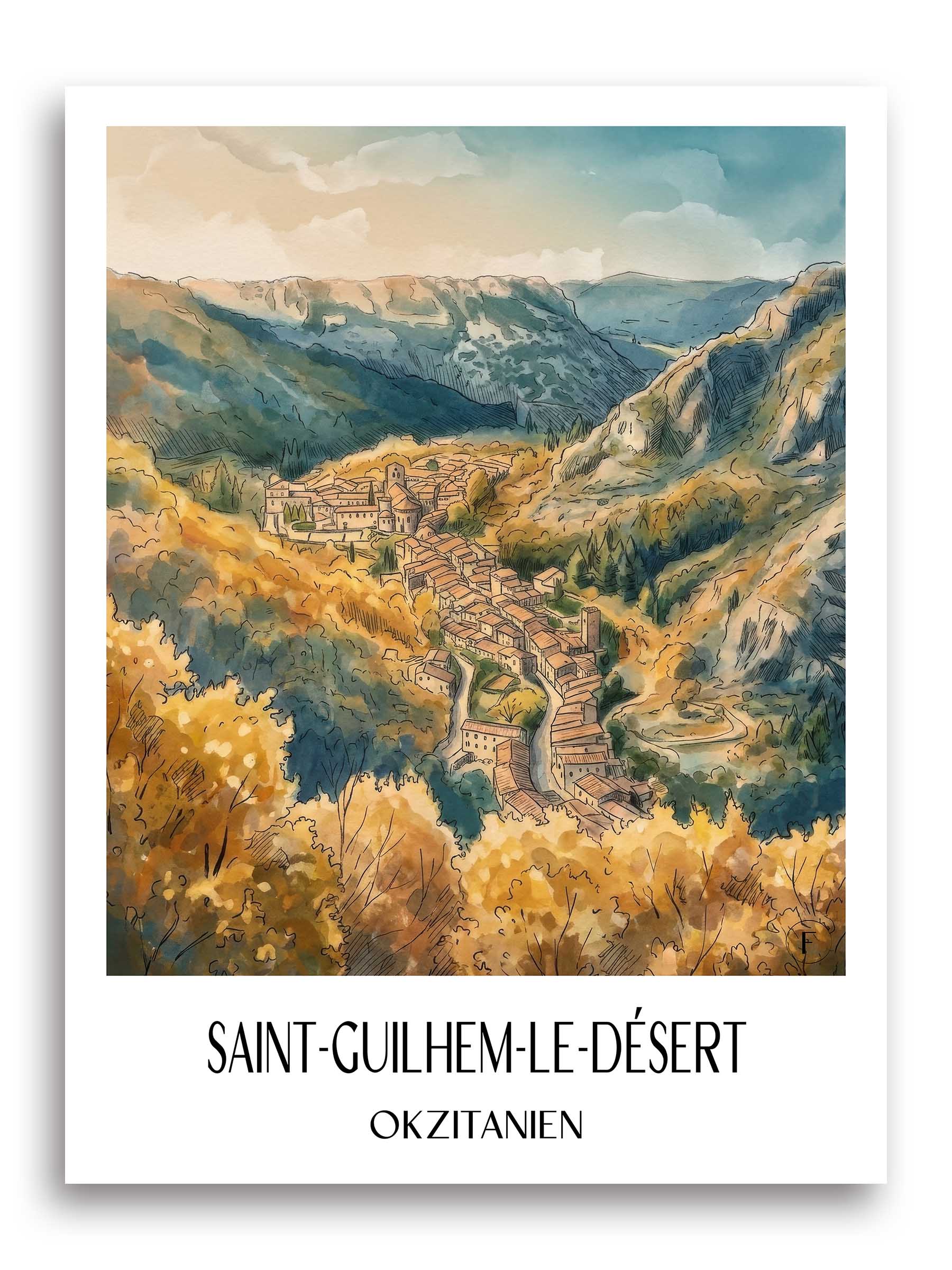 saint-guilhem-le-désert-okzitanien-frankreich-poster-aquarell