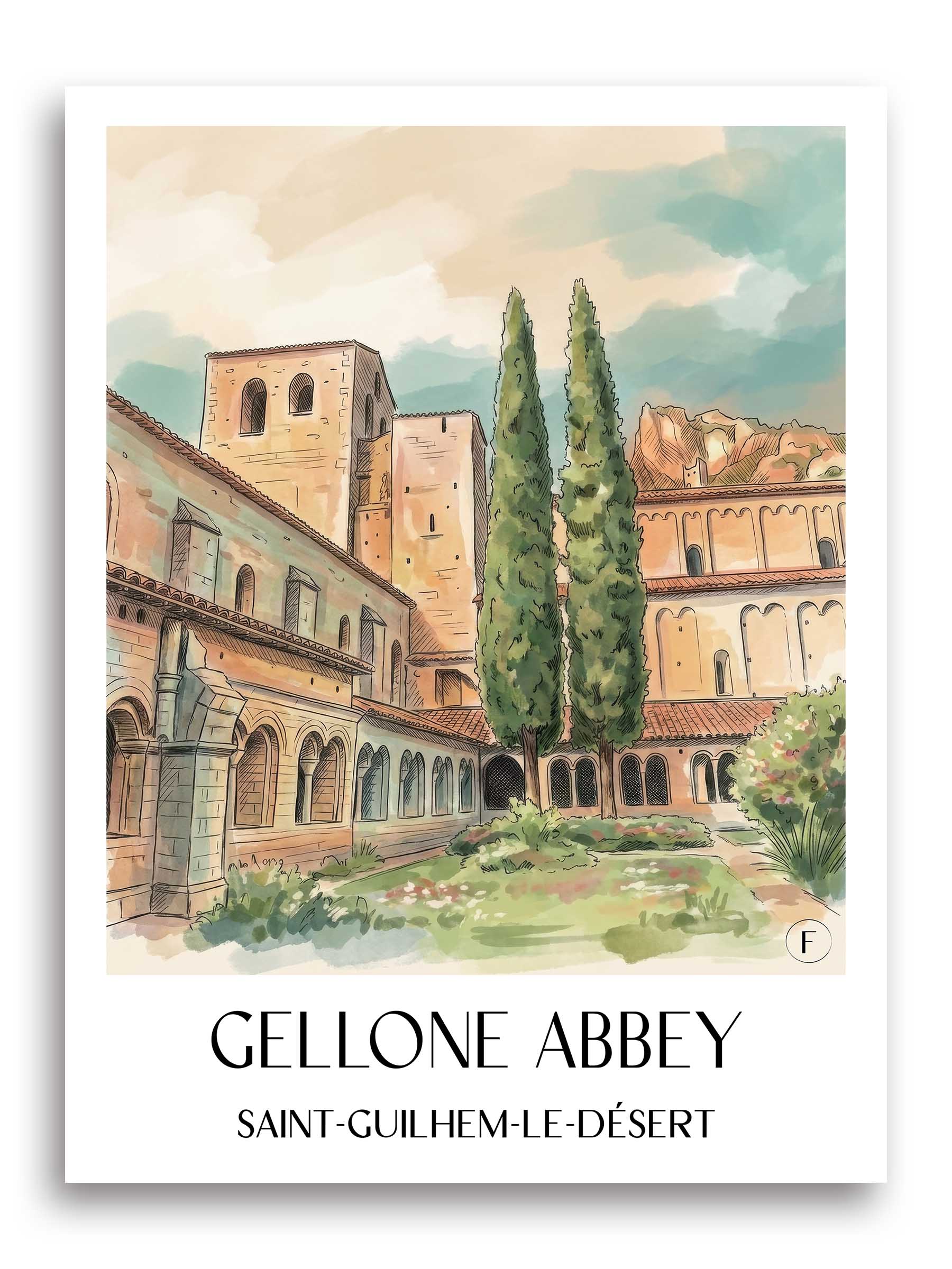 Abbaye de Gellone Poster - Saint-Guilhem-le-Désert - Frankreich Kunstdruck - Aquarell von A4 bis A1