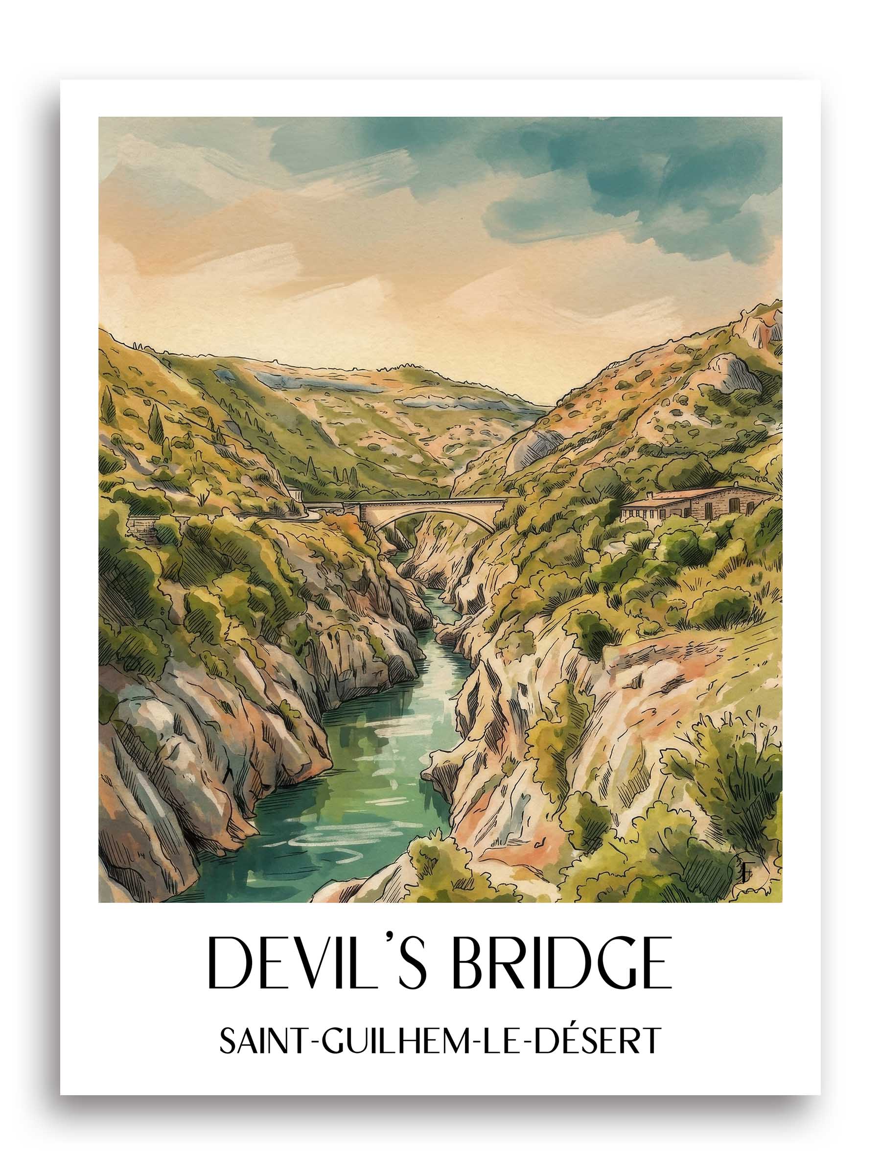 Pont du Diable Poster - Saint-Guilhem-le-Désert - Frankreich Kunstdruck - Aquarell von A4 bis A1
