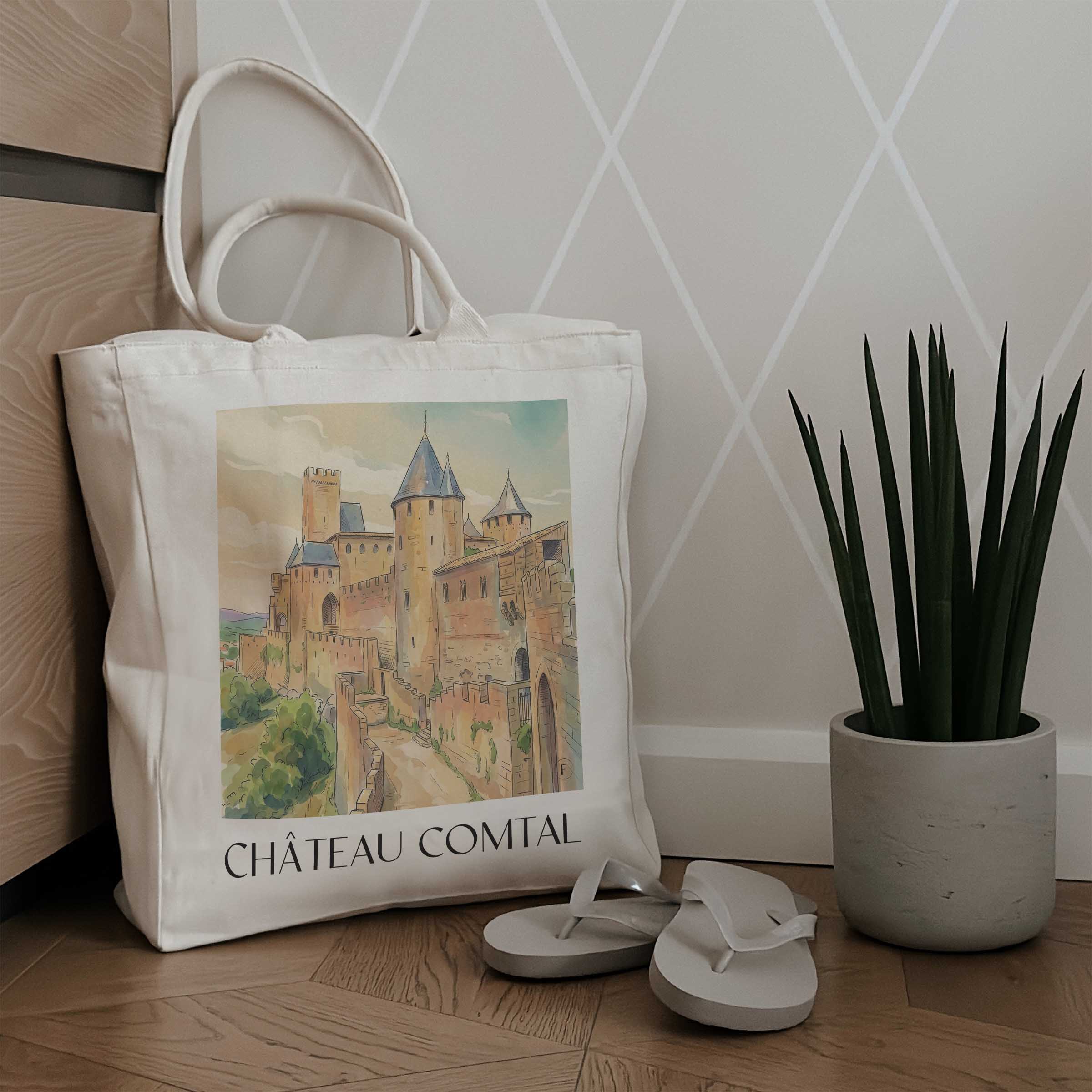 château-comtal-carcassonne-frankreich-einkaufstasche-aquarell