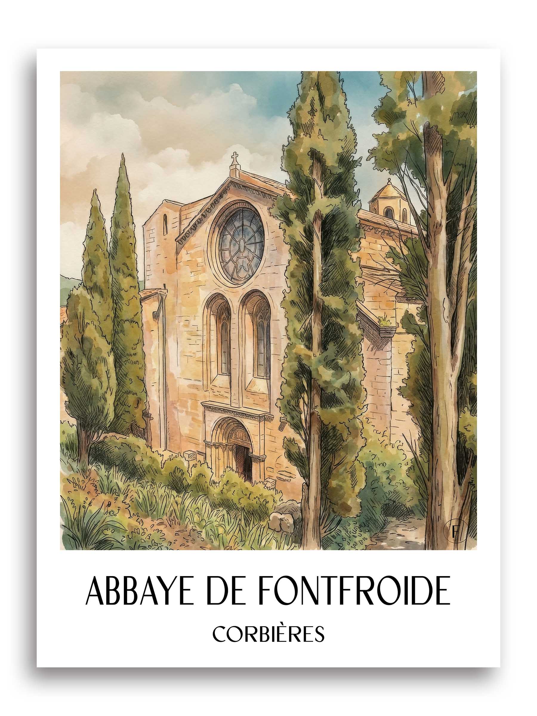 abbaye-de-fontfroide-corbières-frankreich-poster-aquarell