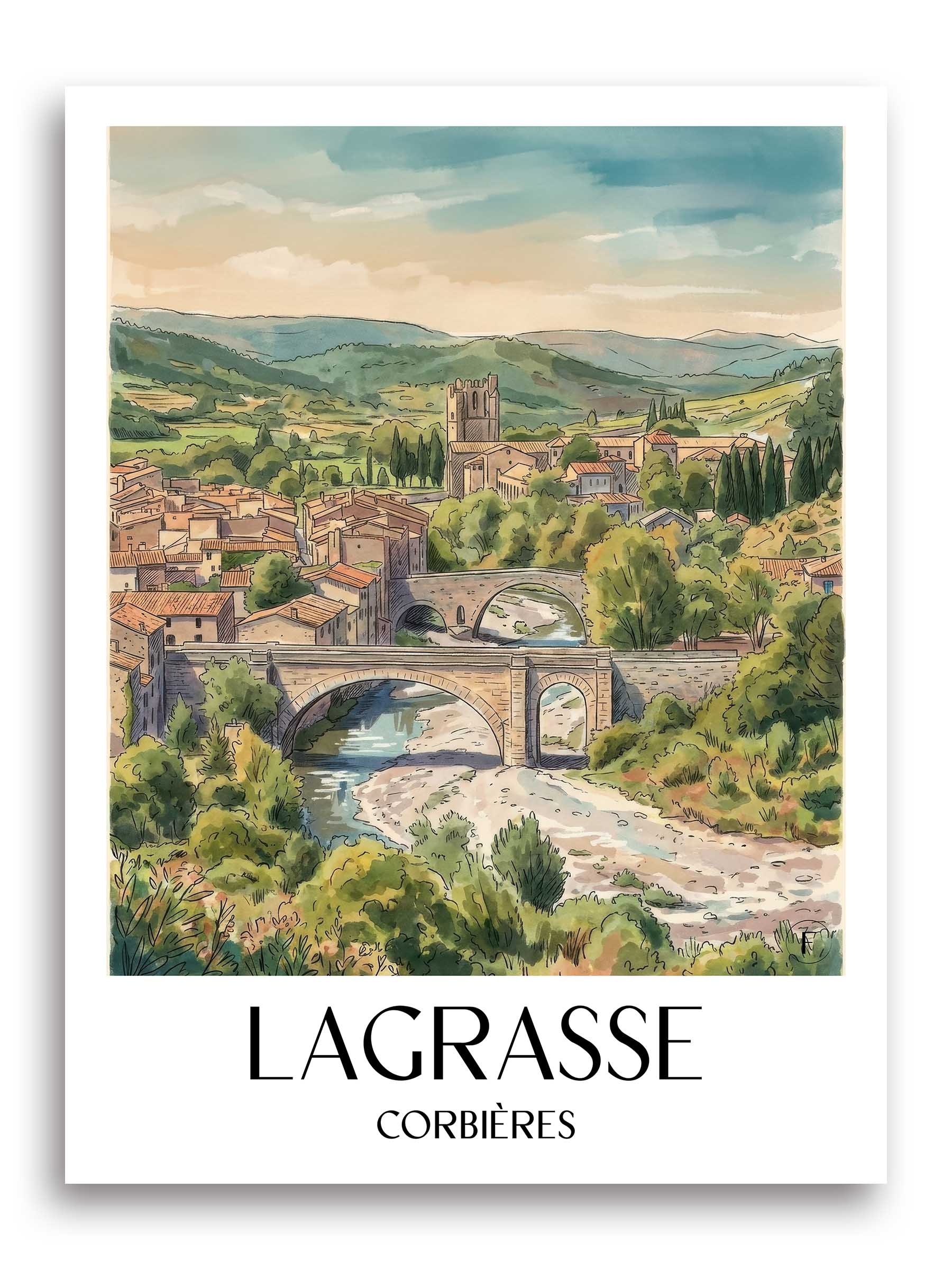 lagrasse--corbières-frankreich-poster-aquarell