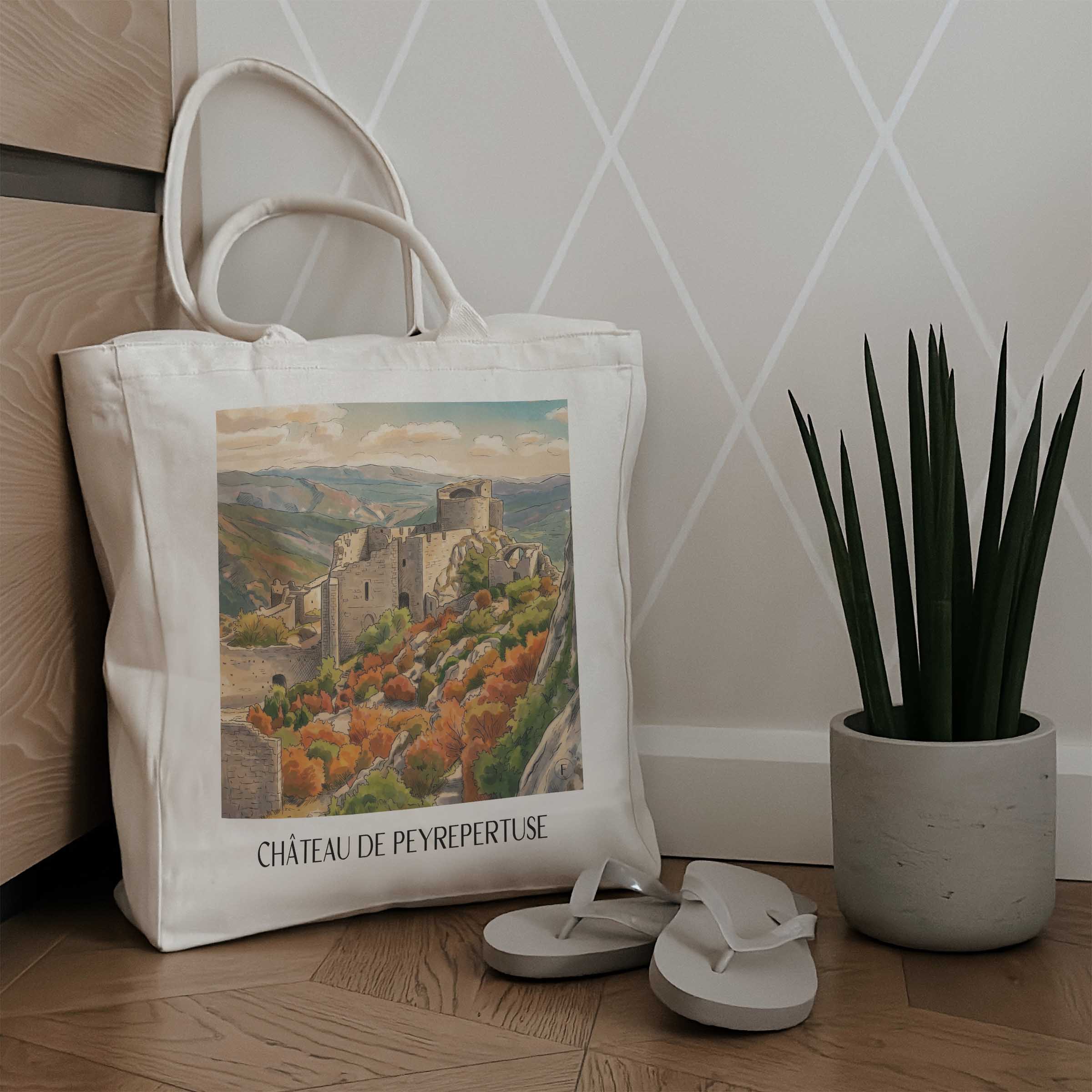 château-de-peyrepertuse-pays-cathare-frankreich-einkaufstasche-aquarell