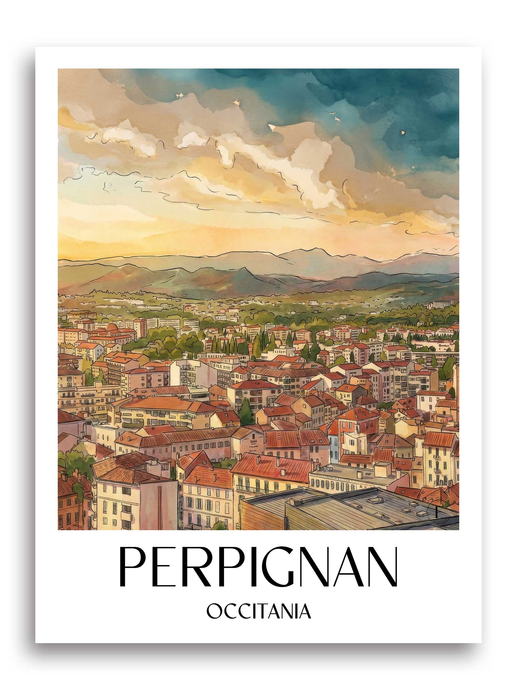 Perpignan Poster - Okzitanien - Frankreich Kunstdruck - Aquarell von A4 bis A1