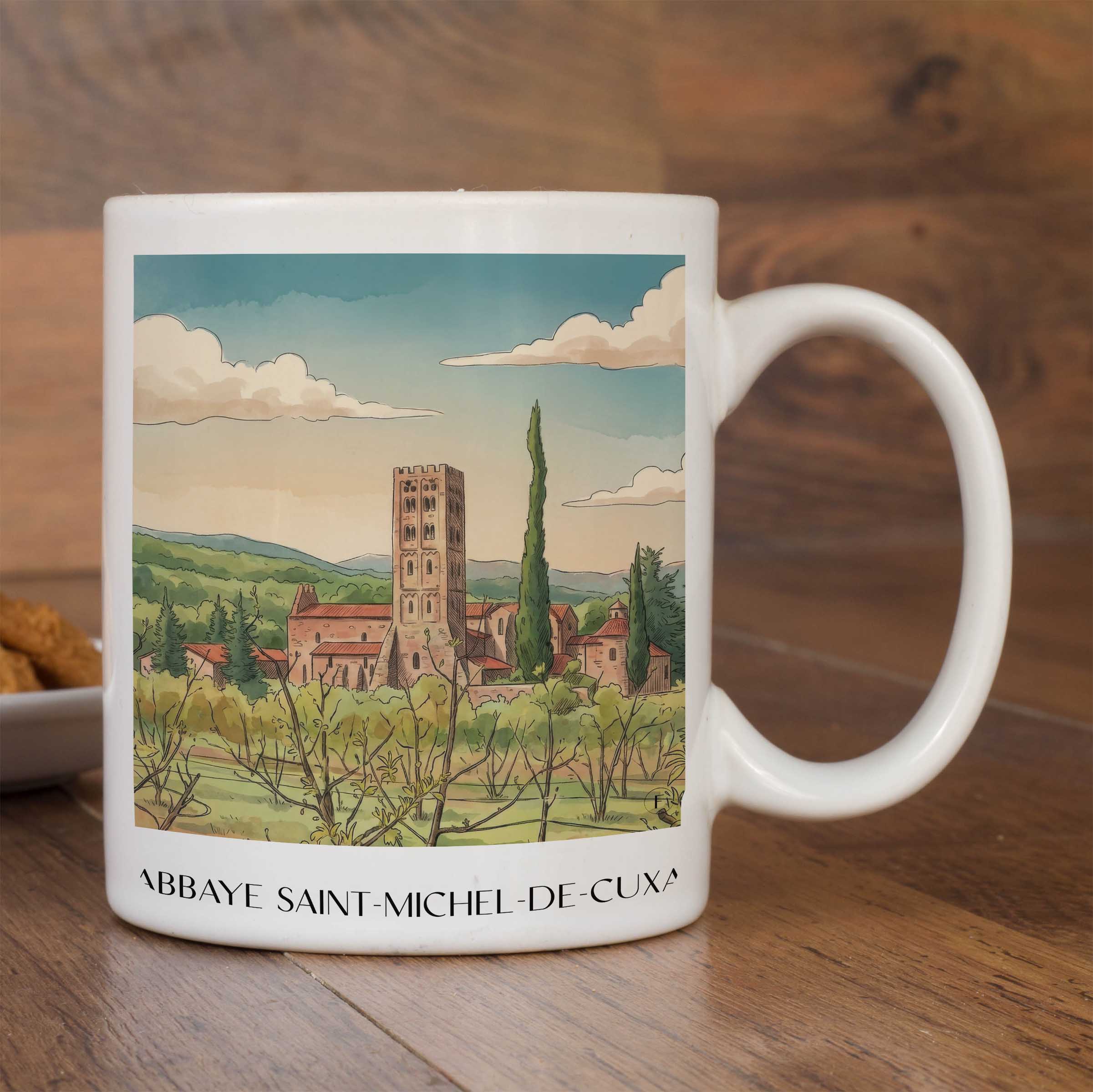 abbaye-saint-michel-de-cuxa-prades-frankreich-kaffeebecher-aquarell