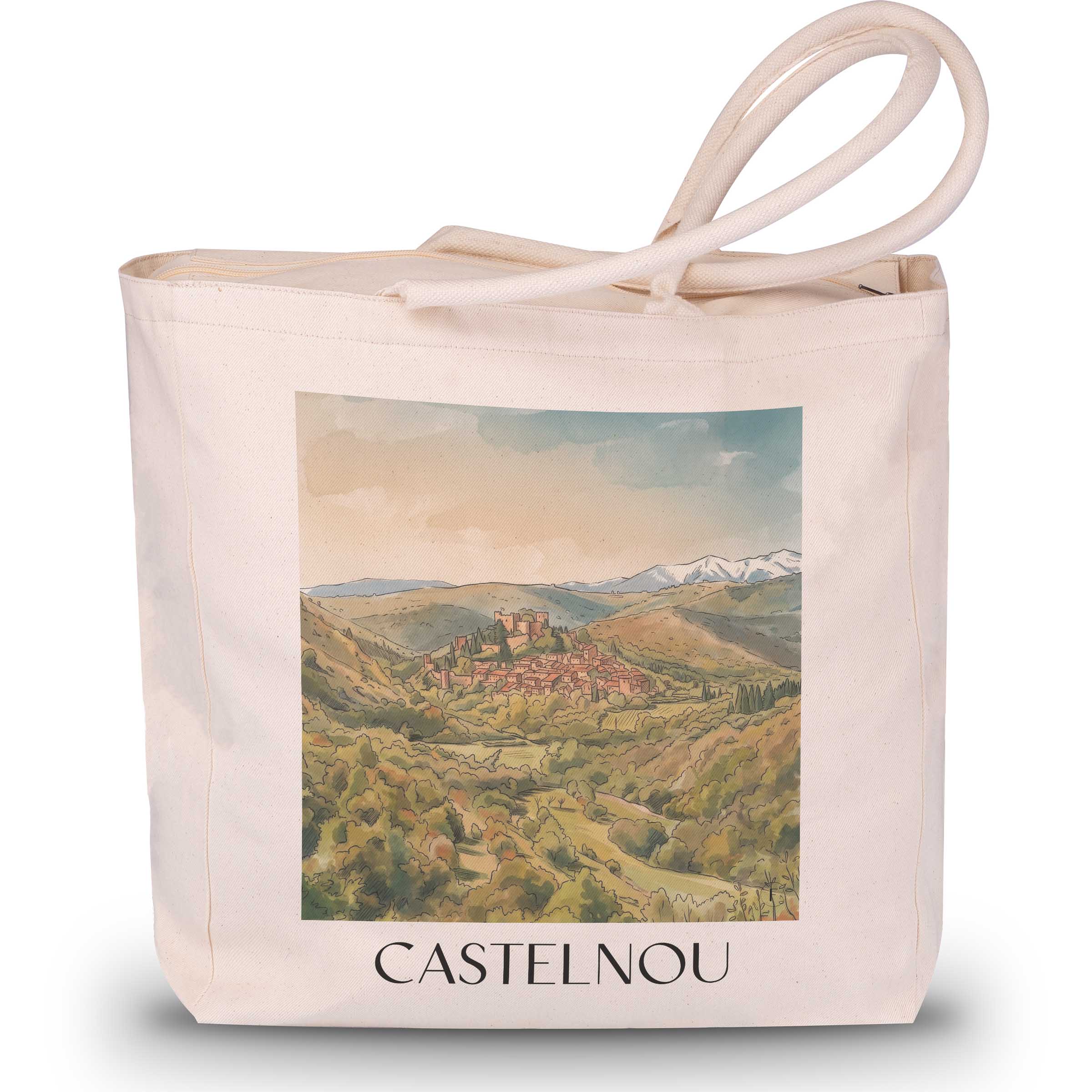 castelnou--aspres-frankreich-einkaufstasche-aquarell