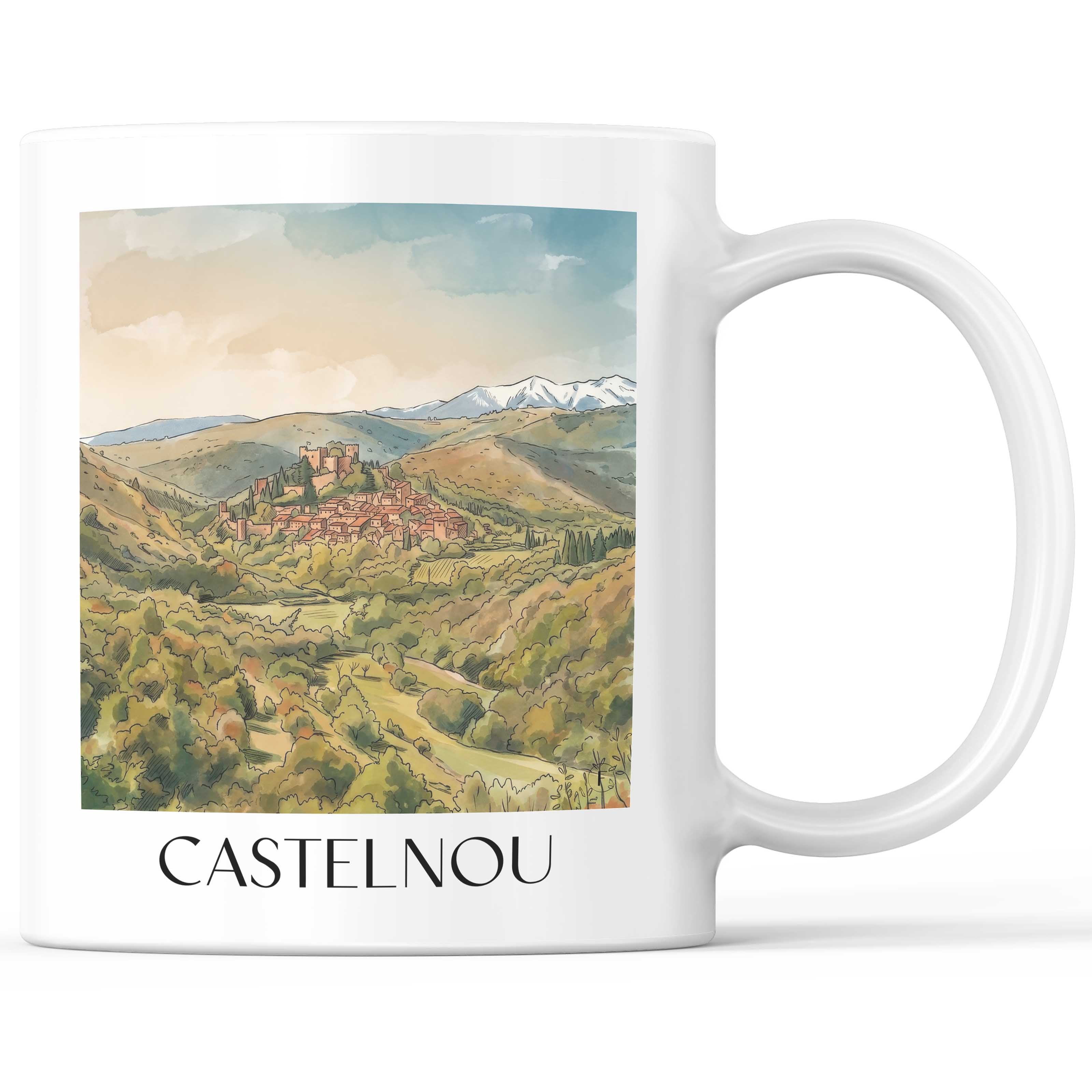 Castelnou Kaffeebecher - Aspres - Frankreich Becher - Kaffeetasse im Aquarell Stil
