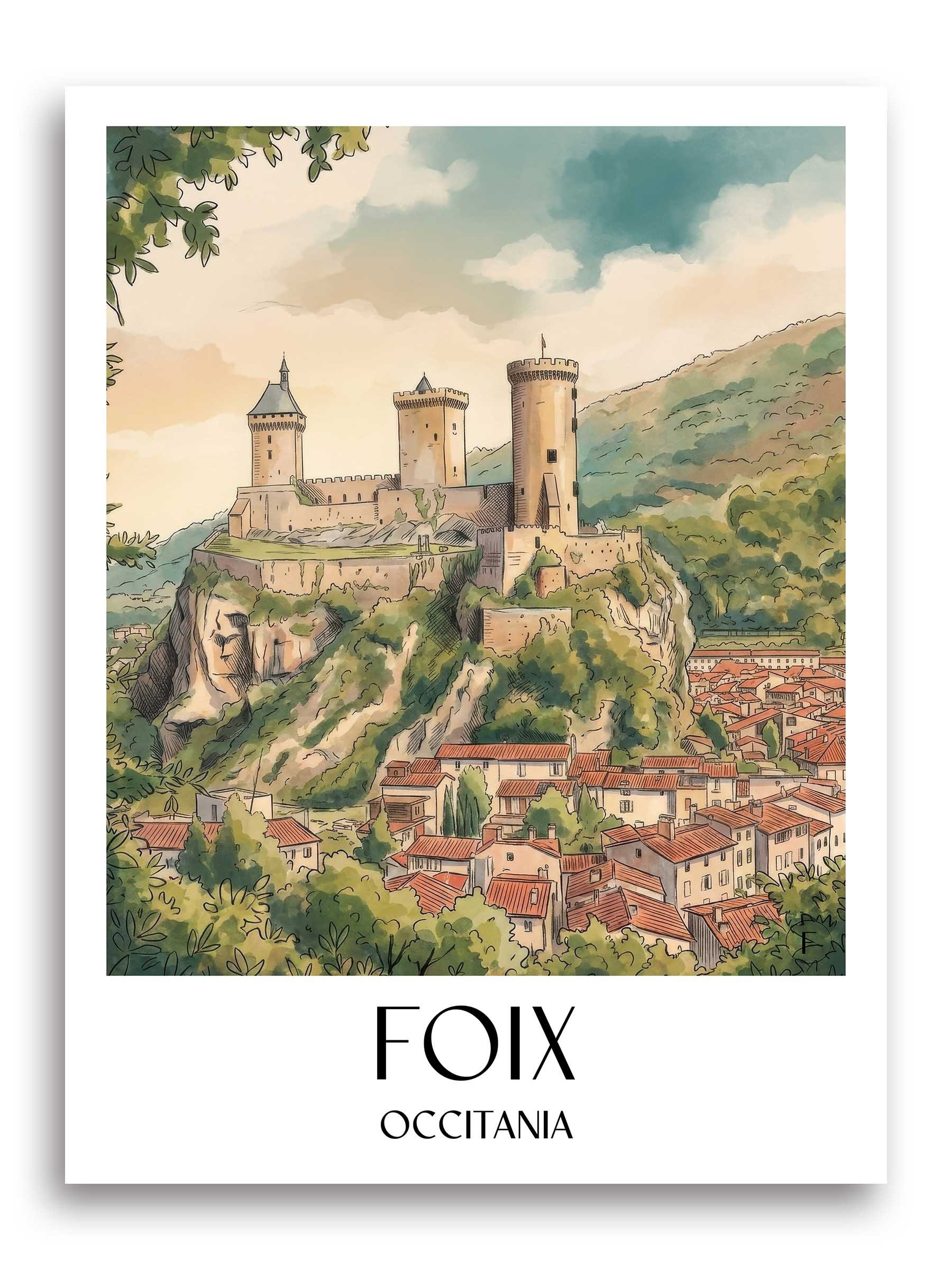 Foix Poster - Okzitanien - Frankreich Kunstdruck - Aquarell von A4 bis A1