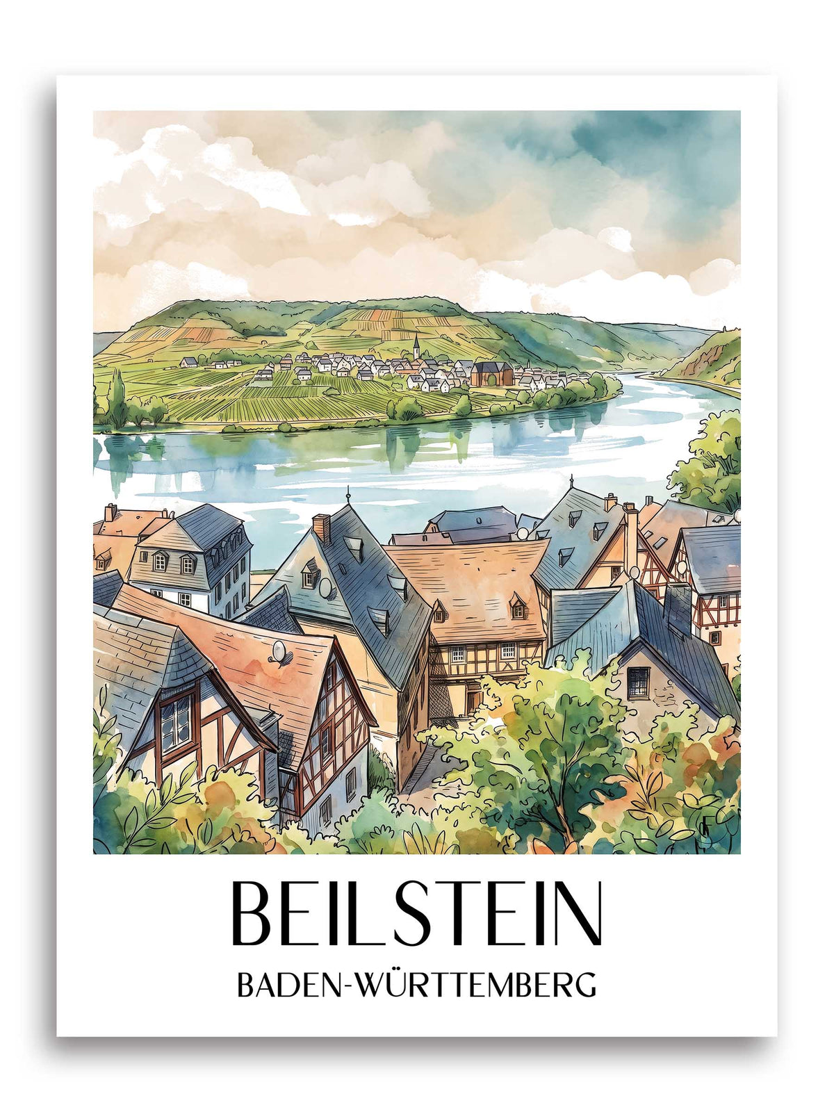 Beilstein Poster - Baden-Württemberg - Deutschland Kunstdruck - Aquarell von A4 bis A1