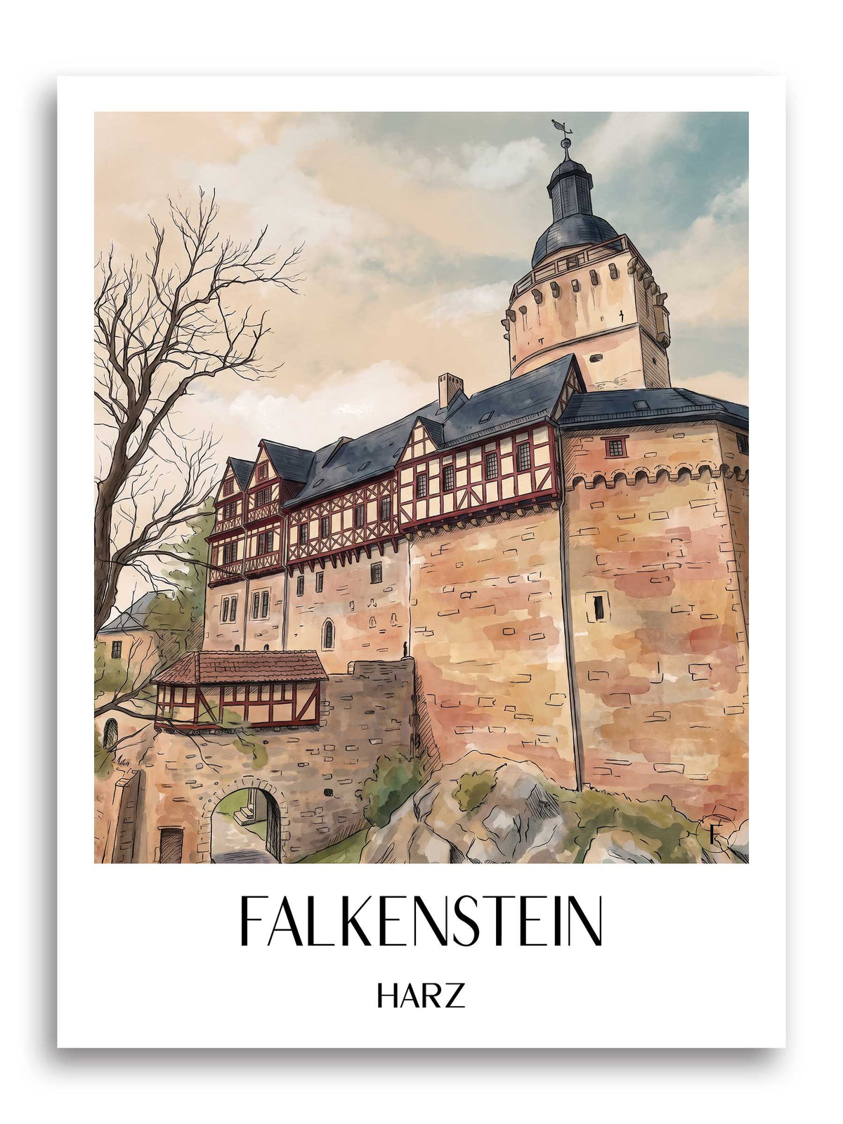 Falkenstein Poster - Harz - Deutschland Kunstdruck - Aquarell von A4 bis A1