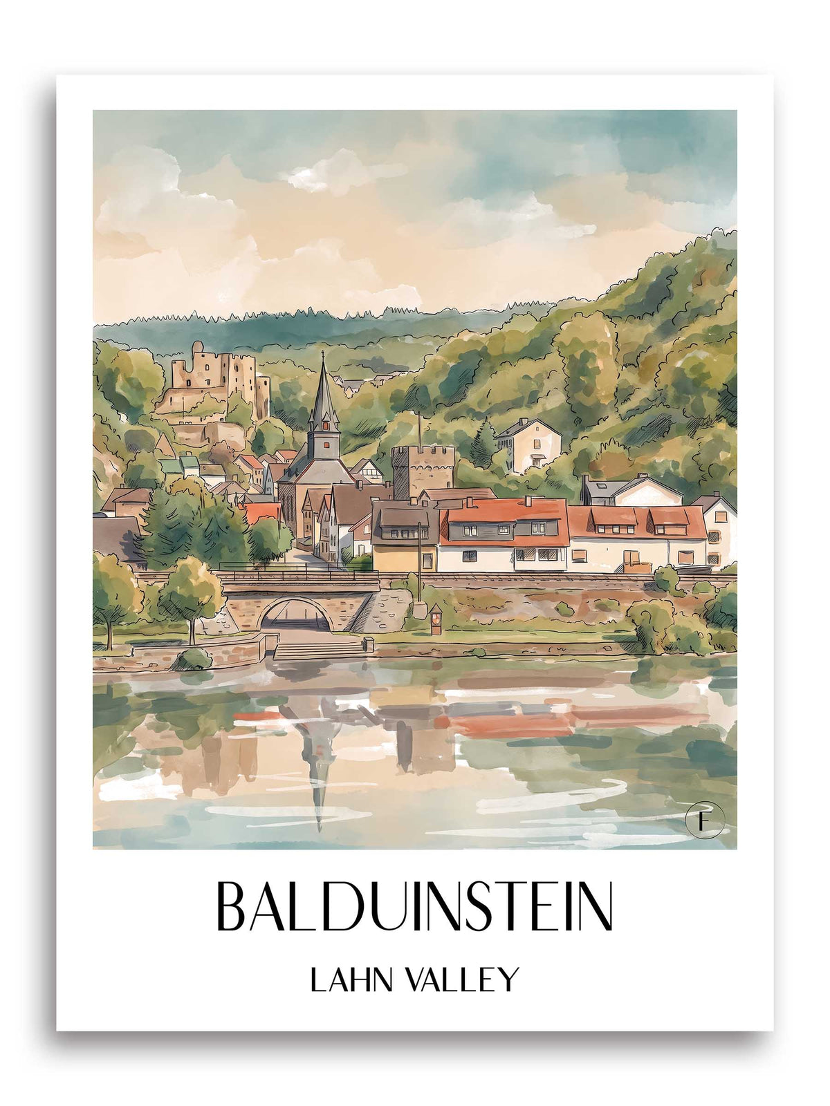 Balduinstein Poster - Lahntal - Deutschland Kunstdruck - Aquarell von A4 bis A1
