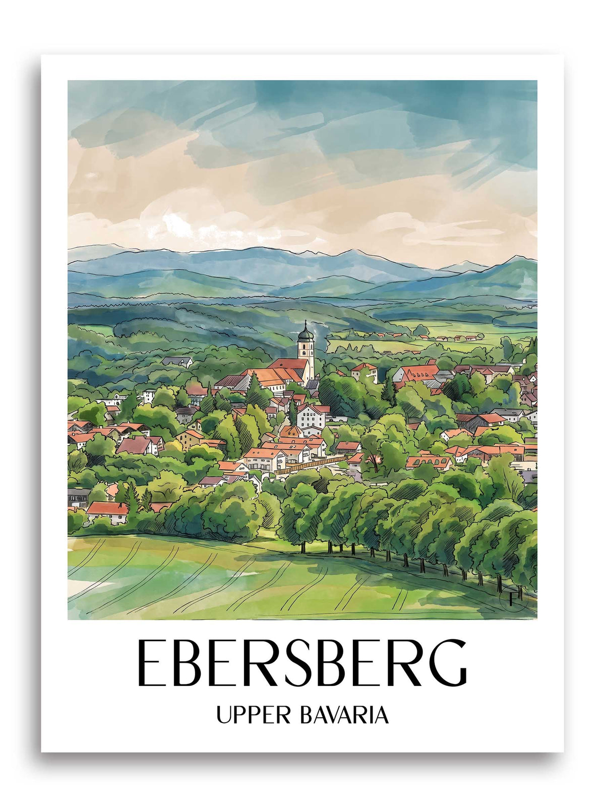 Ebersberg Poster - Oberbayern - Deutschland Kunstdruck - Aquarell von A4 bis A1
