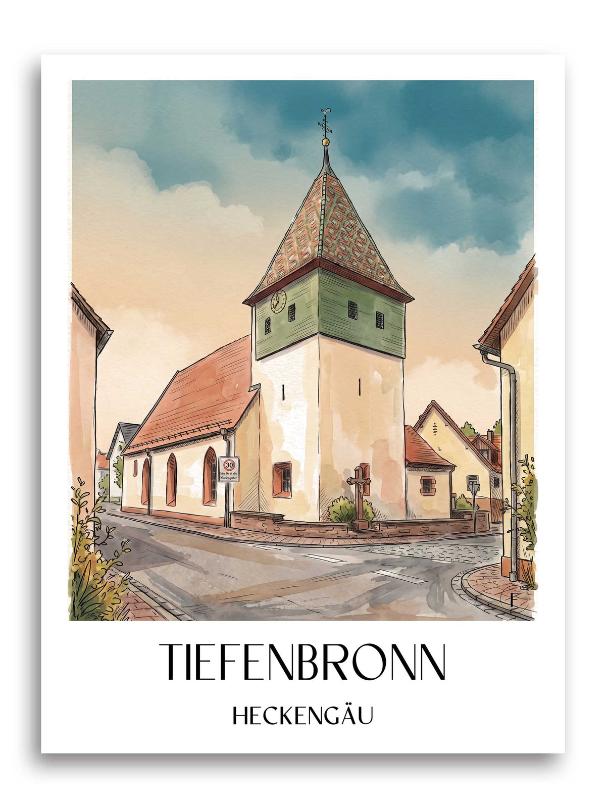 Tiefenbronn Poster - Heckengäu - Deutschland Kunstdruck - Aquarell von A4 bis A1 - favplace