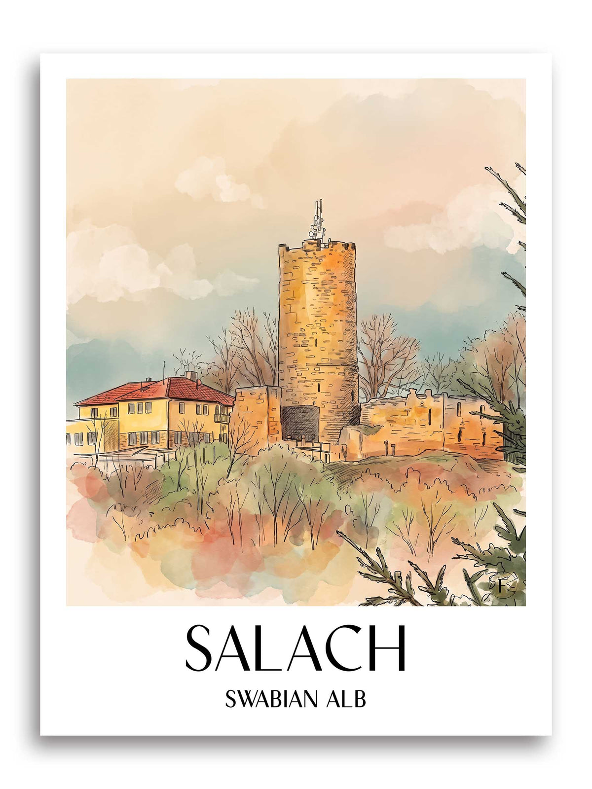 Salach Poster - Schwäbische Alb - Deutschland Kunstdruck - Aquarell von A4 bis A1 - favplace