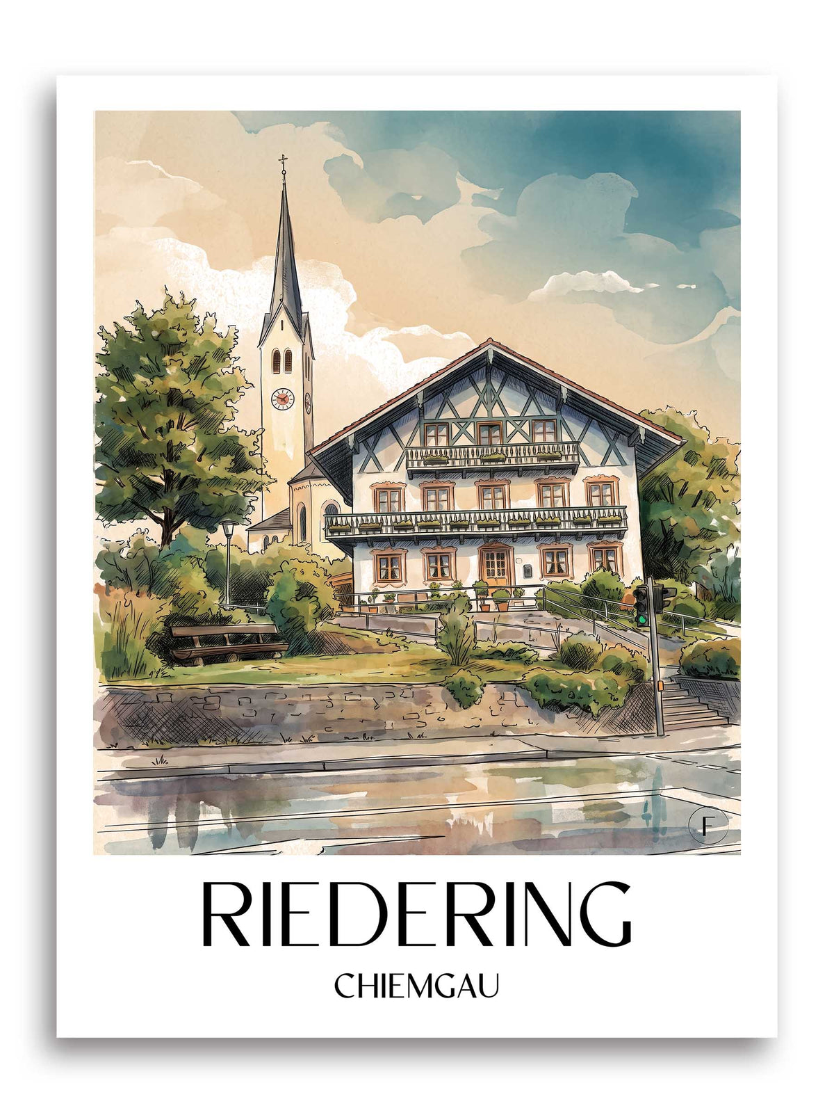 Riedering Poster - Chiemgau - Deutschland Kunstdruck - Aquarell von A4 bis A1