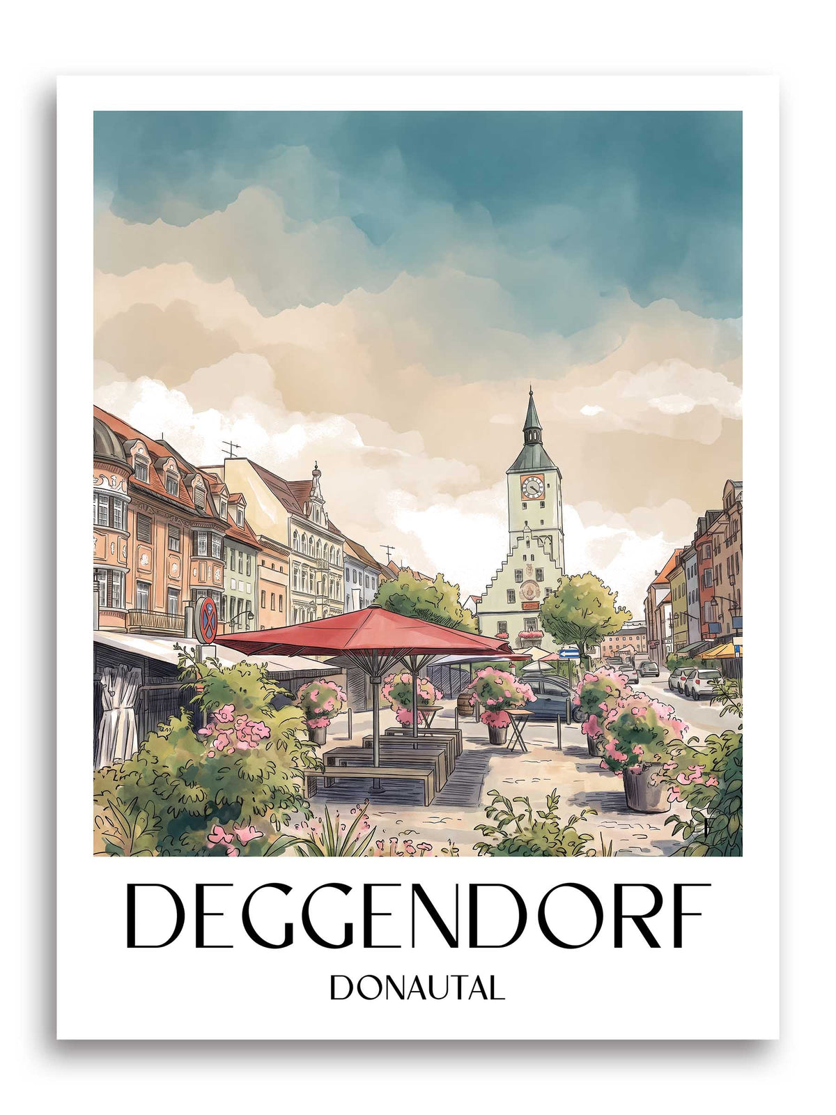 Deggendorf Poster - Donautal - Deutschland Kunstdruck - Aquarell von A4 bis A1