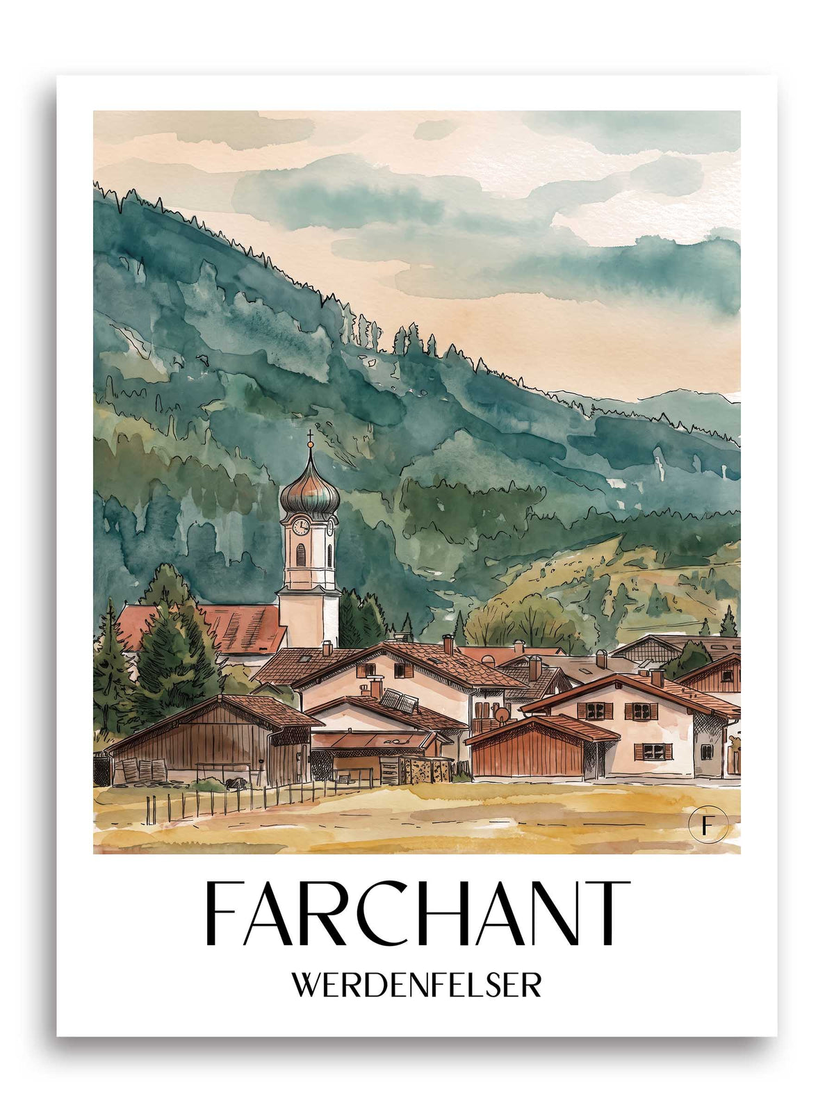 Farchant Poster - Werdenfelser - Deutschland Kunstdruck - Aquarell von A4 bis A1