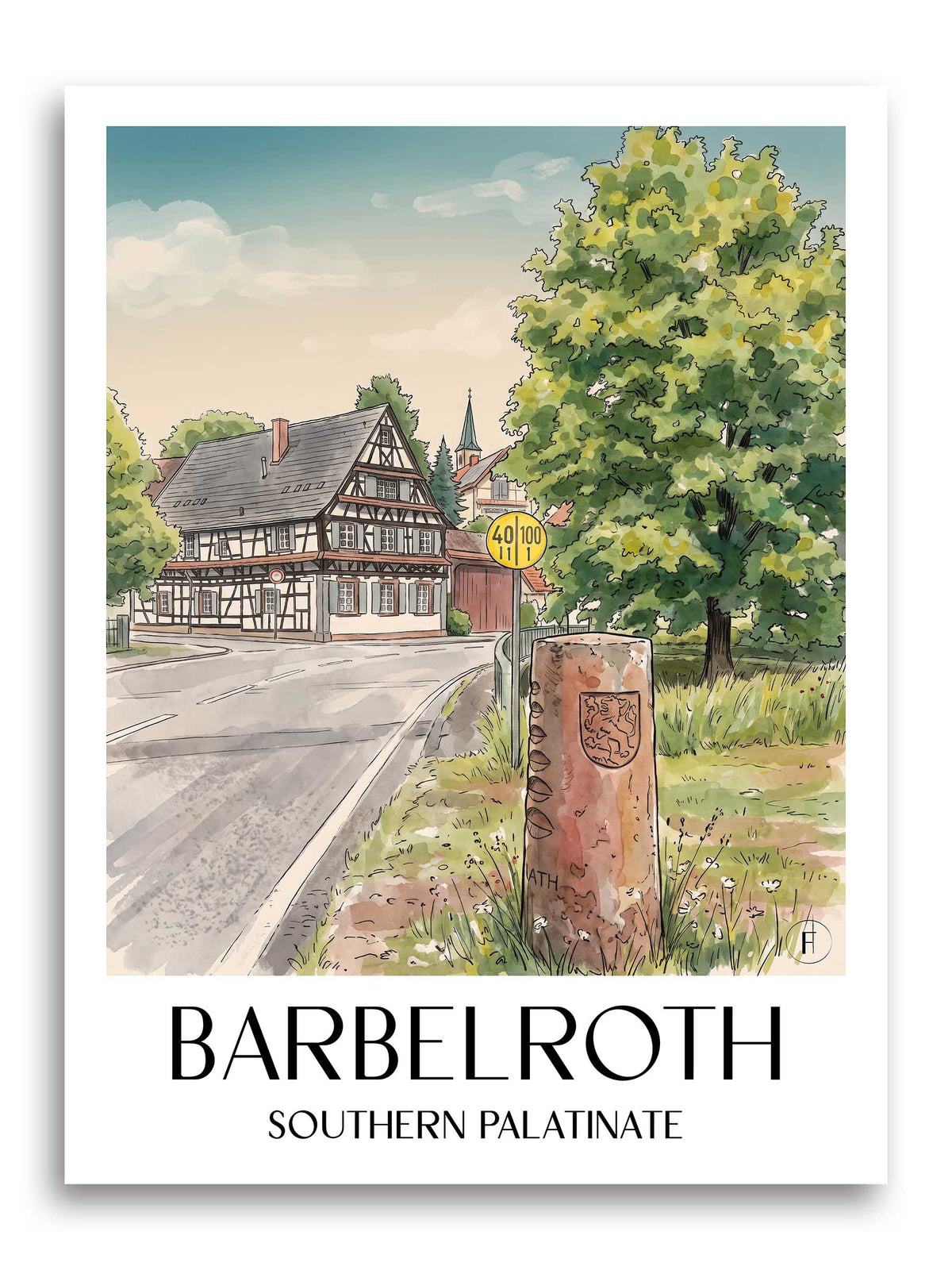 Barbelroth Poster - Südpfalz - Deutschland Kunstdruck - Aquarell von A4 bis A1