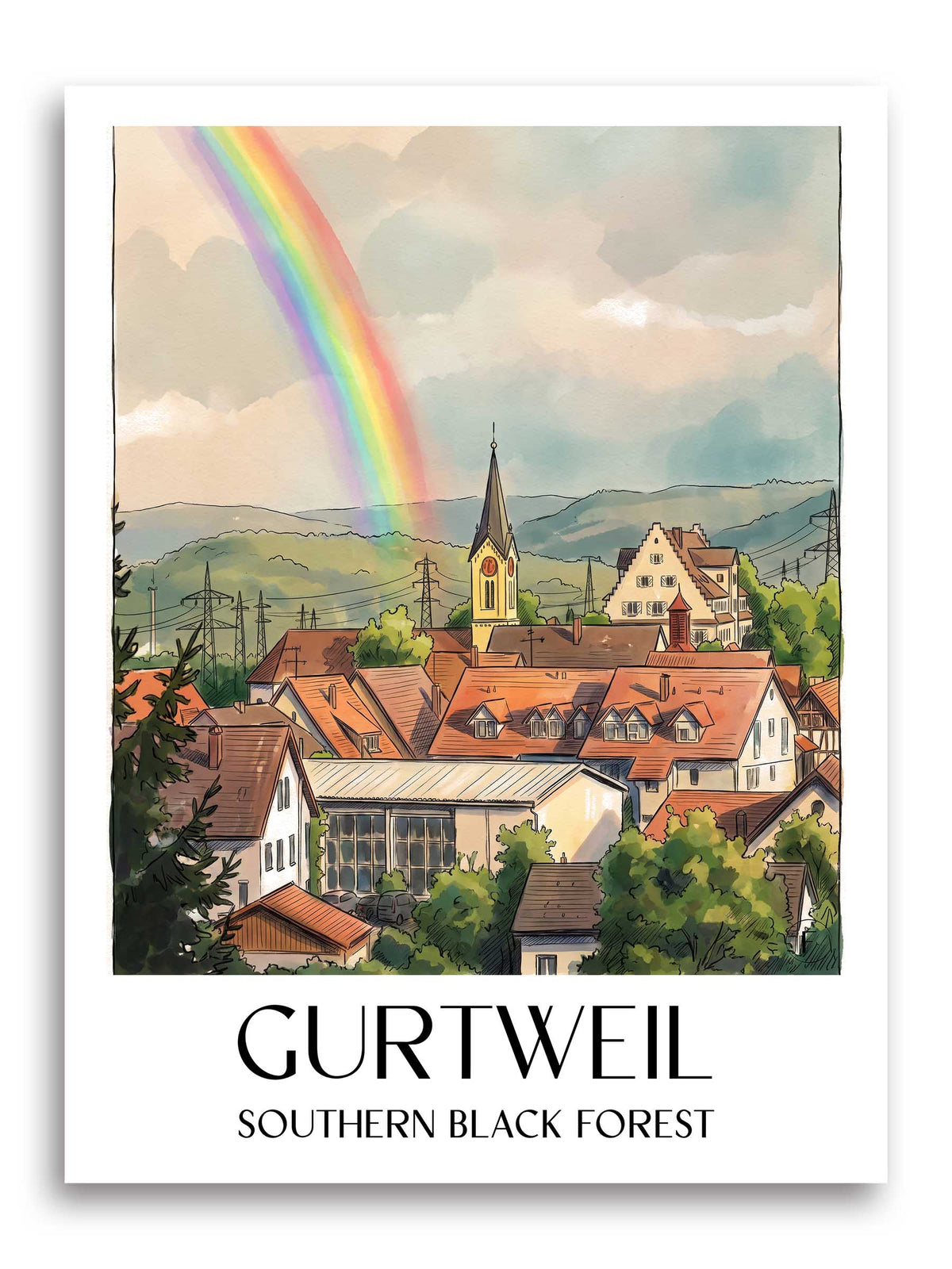 Gurtweil Poster - Südschwarzwald - Deutschland Kunstdruck - Aquarell von A4 bis A1