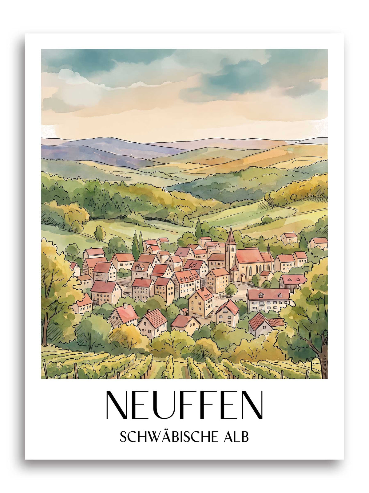 neuffen-schwäbische-alb-deutschland-poster-aquarell