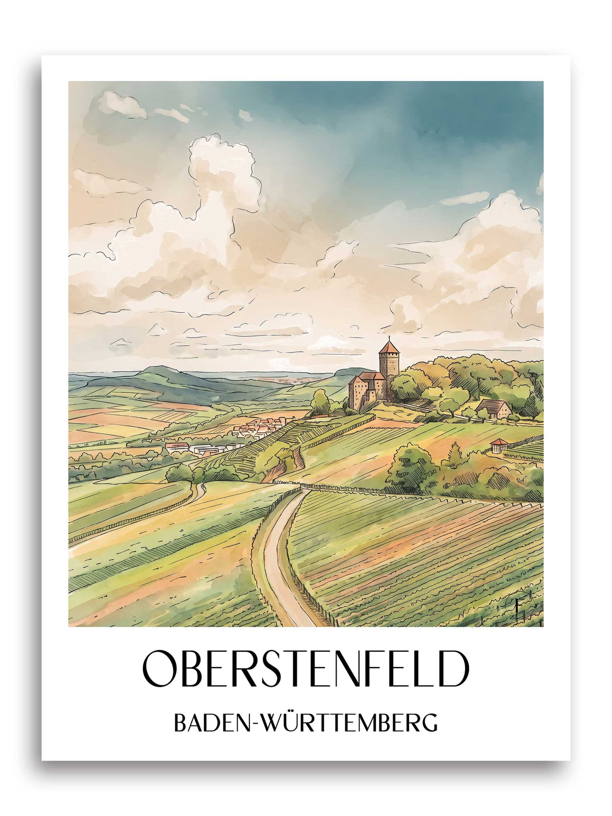 Oberstenfeld Poster - Baden-Württemberg - Deutschland Kunstdruck - Aquarell von A4 bis A1