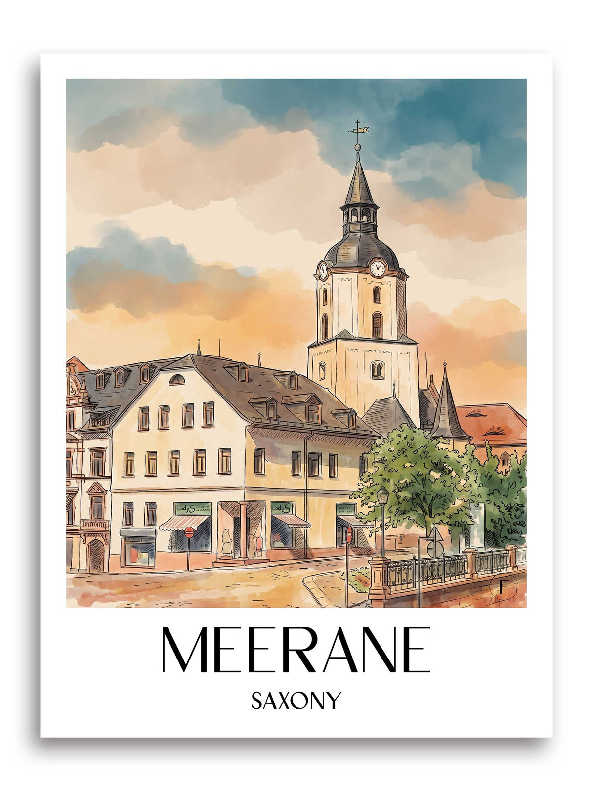 Meerane Poster - Sachsen - Deutschland Kunstdruck - Aquarell von A4 bis A1