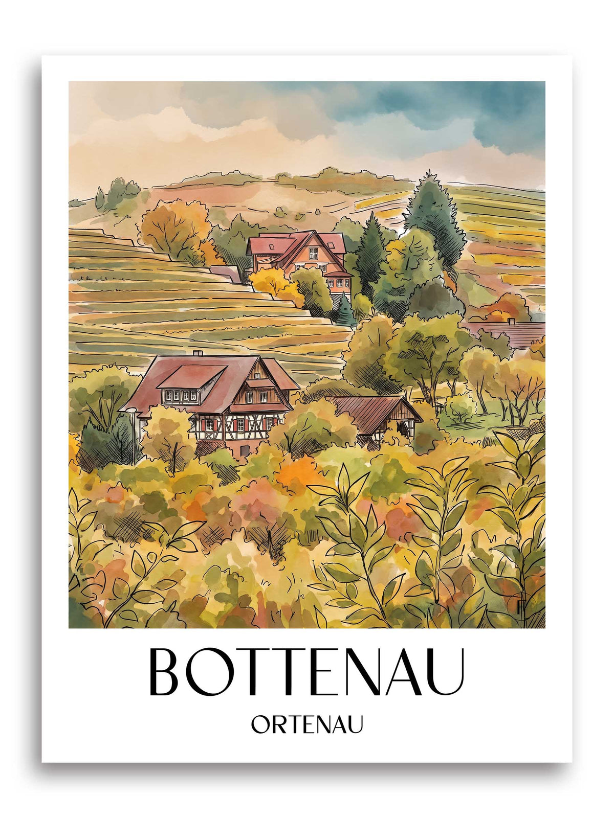 Bottenau Poster - Ortenau - Deutschland Kunstdruck - Aquarell von A4 bis A1
