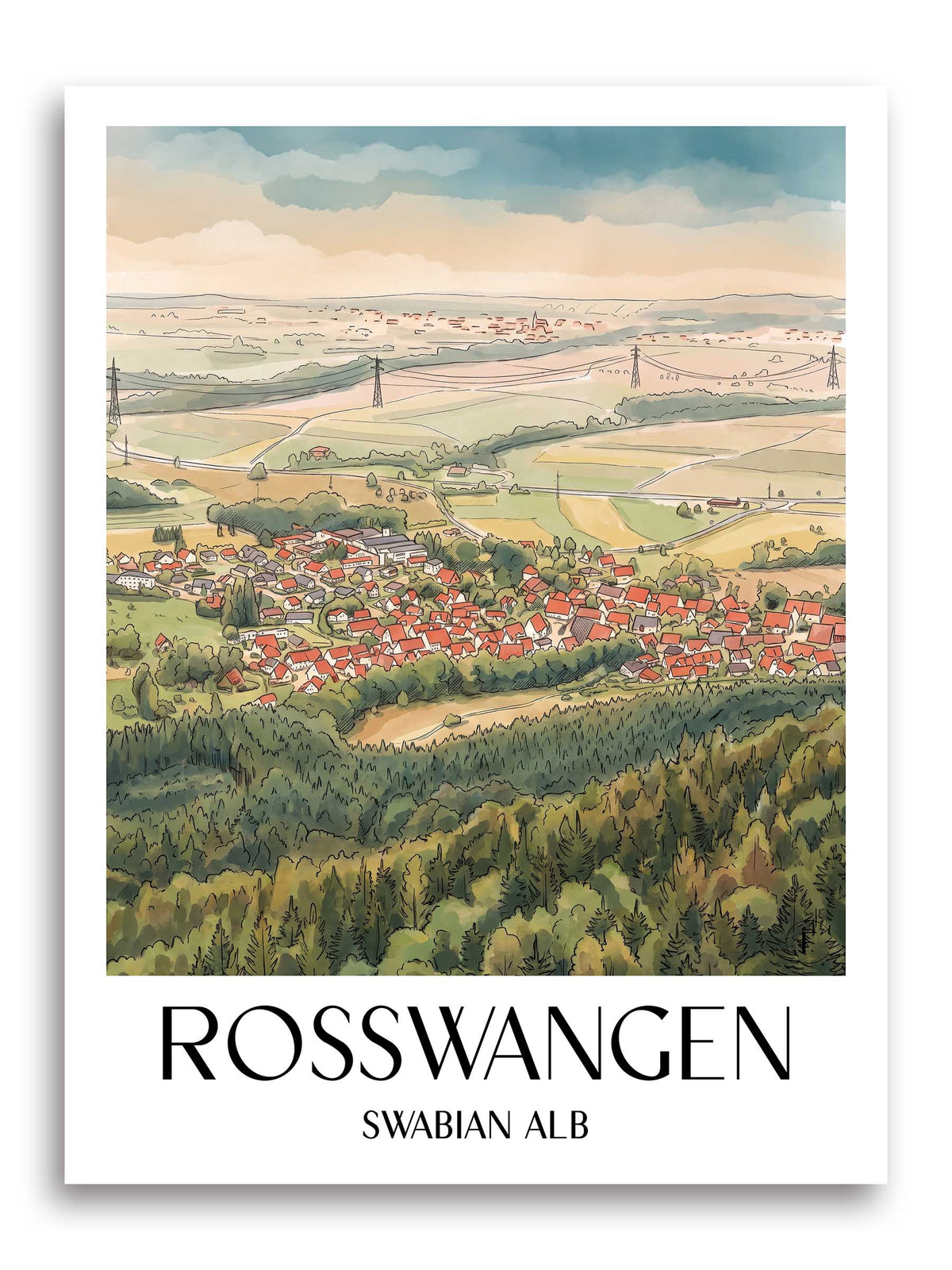 Roßwangen Poster - Schwäbische Alb - Deutschland Kunstdruck - Aquarell von A4 bis A1