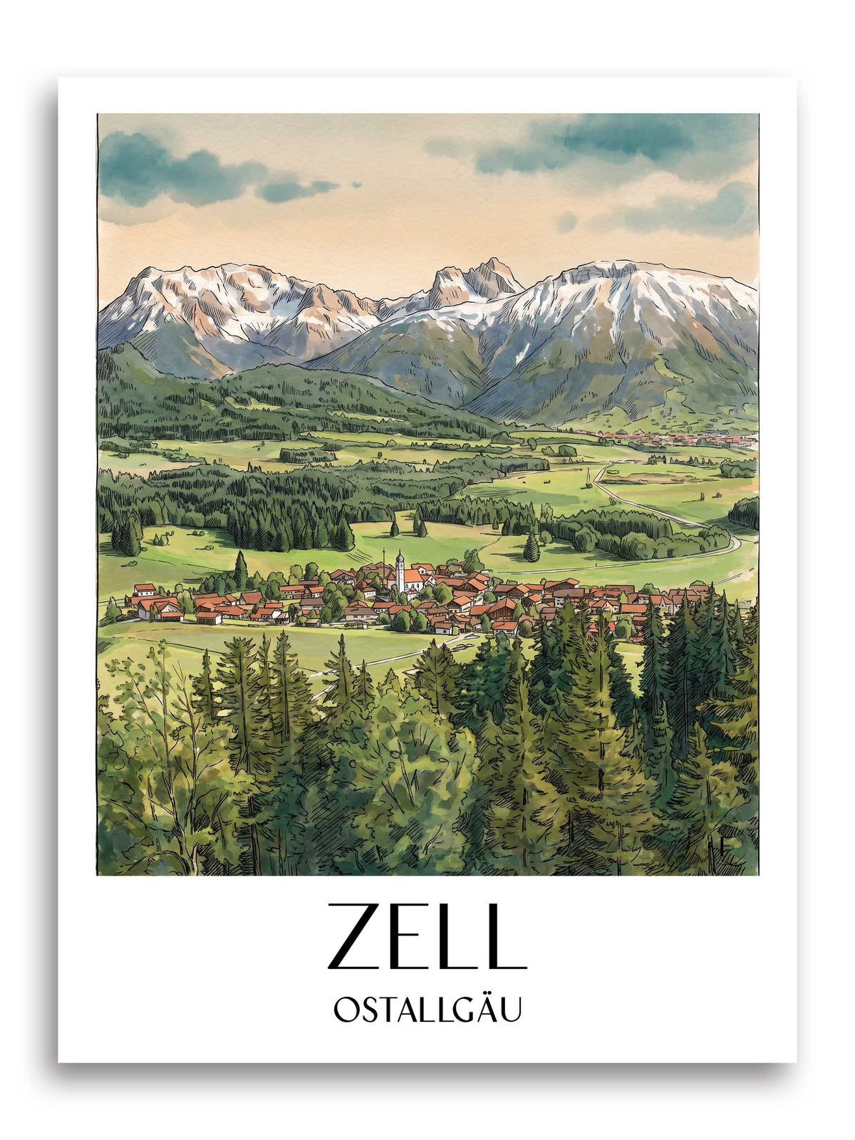zell-ostallgäu-deutschland-poster-aquarell