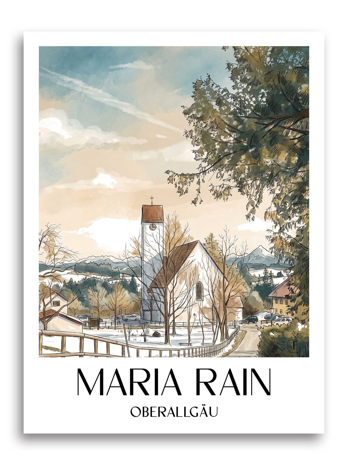 Maria Rain Poster - Oberallgäu - Deutschland Kunstdruck - Aquarell von A4 bis A1