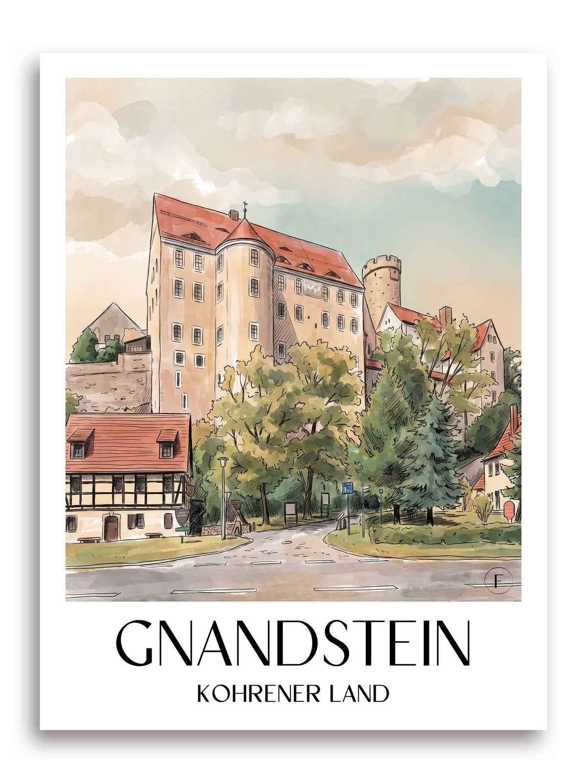 Gnandstein Poster - Kohrener Land - Deutschland Kunstdruck - Aquarell von A4 bis A1