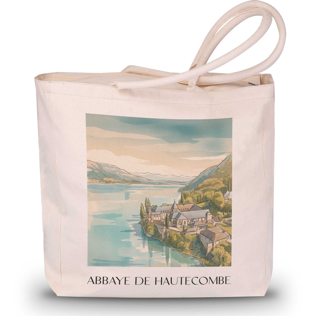 abbaye-de-hautecombe-lac-du-bourget-frankreich-einkaufstasche-aquarell