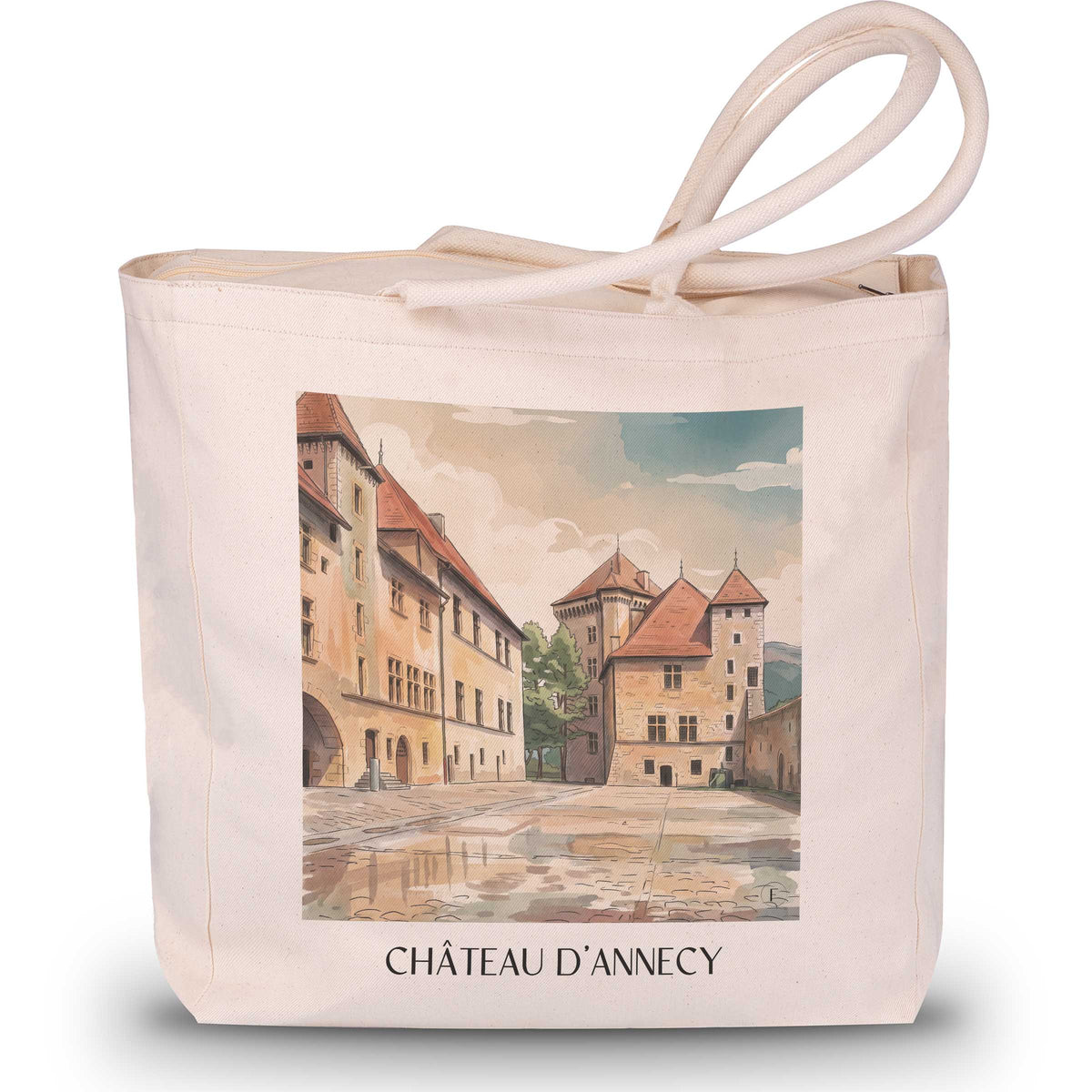 château-d'annecy-haute-savoie-frankreich-einkaufstasche-aquarell