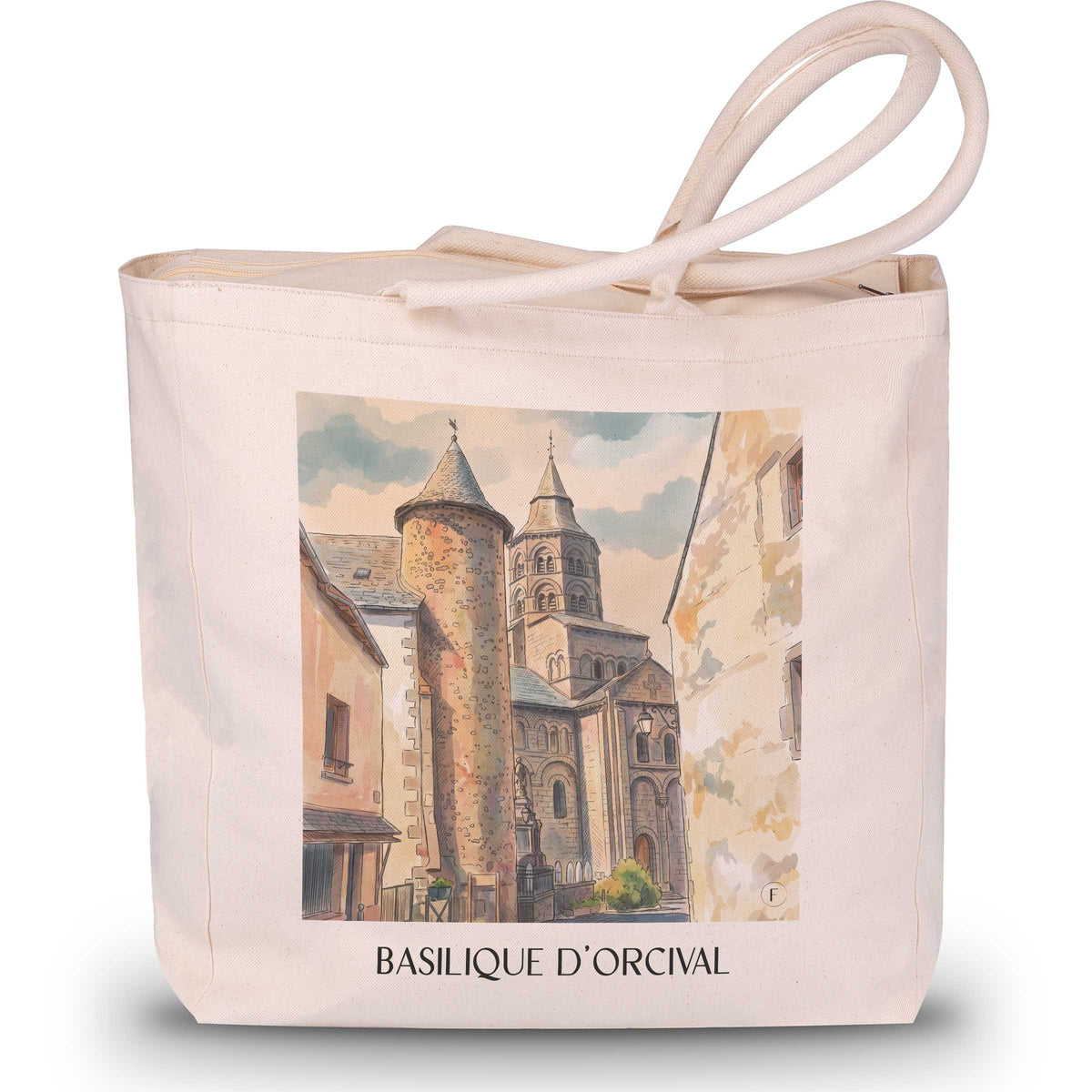 basilique-d'orcival-auvergne-frankreich-einkaufstasche-aquarell