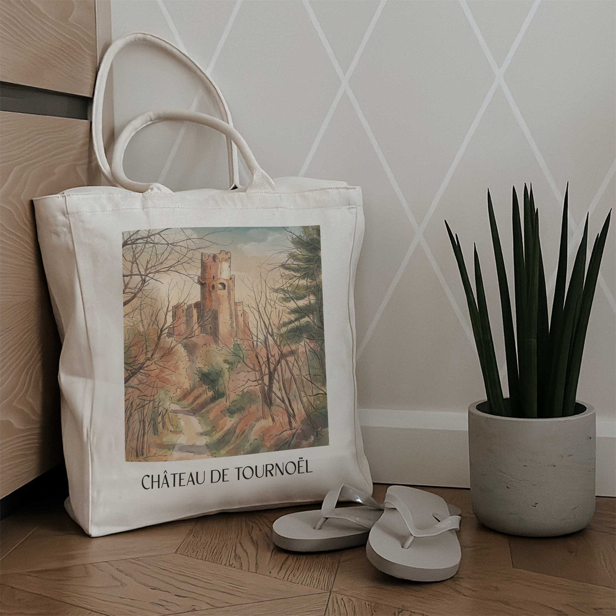 château-de-tournoël-riom-frankreich-einkaufstasche-aquarell