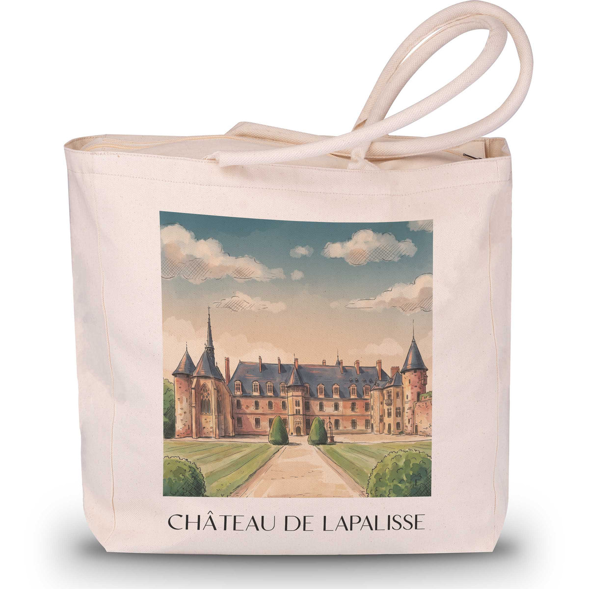 château-de-lapalisse-allier-frankreich-einkaufstasche-aquarell