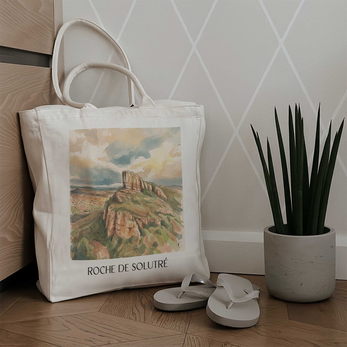 roche-de-solutré-mâconnais-frankreich-einkaufstasche-aquarell